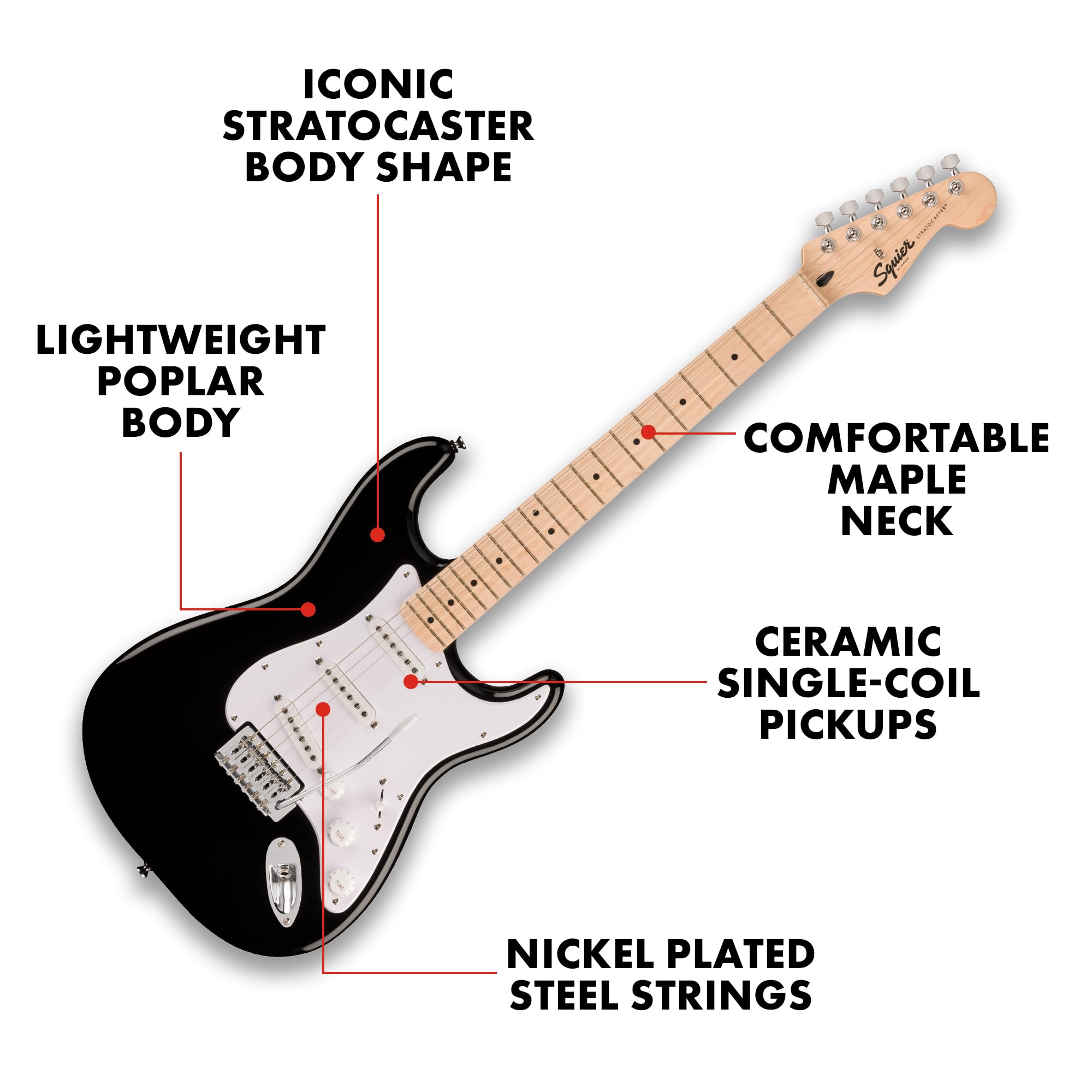 Squier By Fender Electric Guitar Kit, With 2 Year Warranty, Sonic Stratocaster, Maple Fingerboard, Black, Poplar Body, Maple Nec