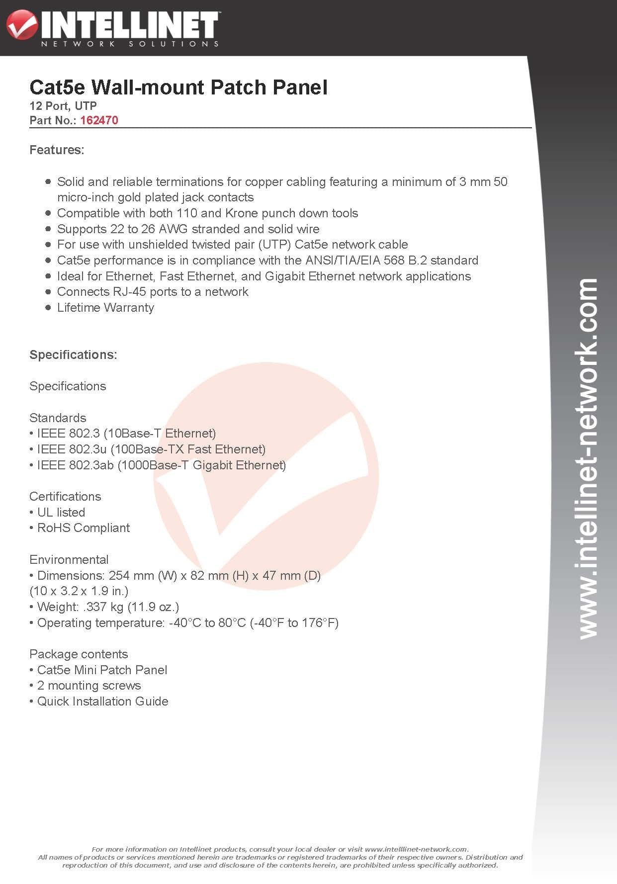 Intellinet 12 Port Cat 5E Network Patch Panel Wall Mount With 89D Bracket   Installer Grade 3Mm 50 Micro Inch Gold Plated Jack C