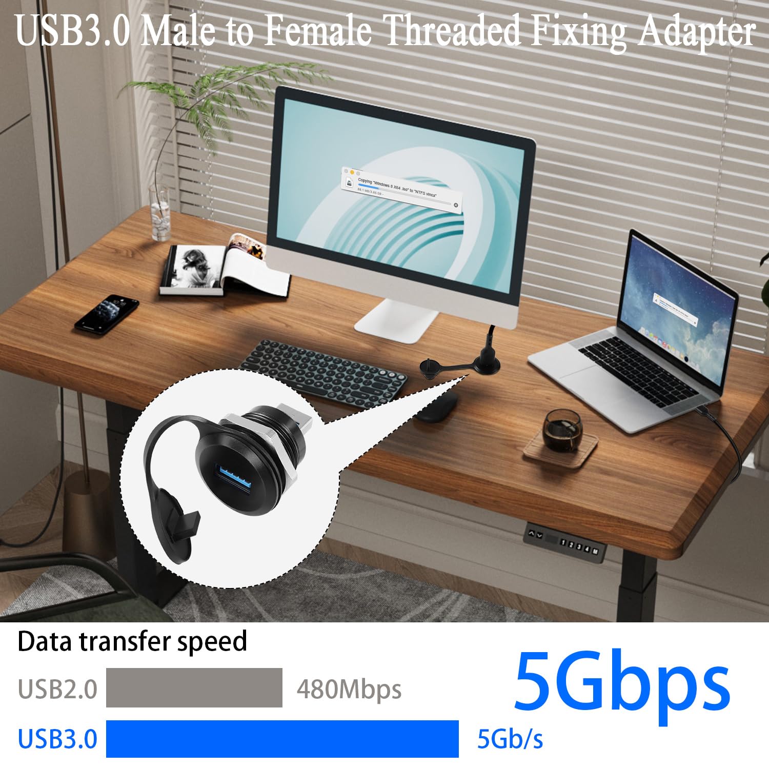 Qianrenon Usb3.0 Male To Female Threaded Fixing Adapter 5Gbps Usb3.0 Plug To Socket Round Waterproof Converter Usb3.0 Data Connector Mount Socket, For Usb Data Transfer/Charging