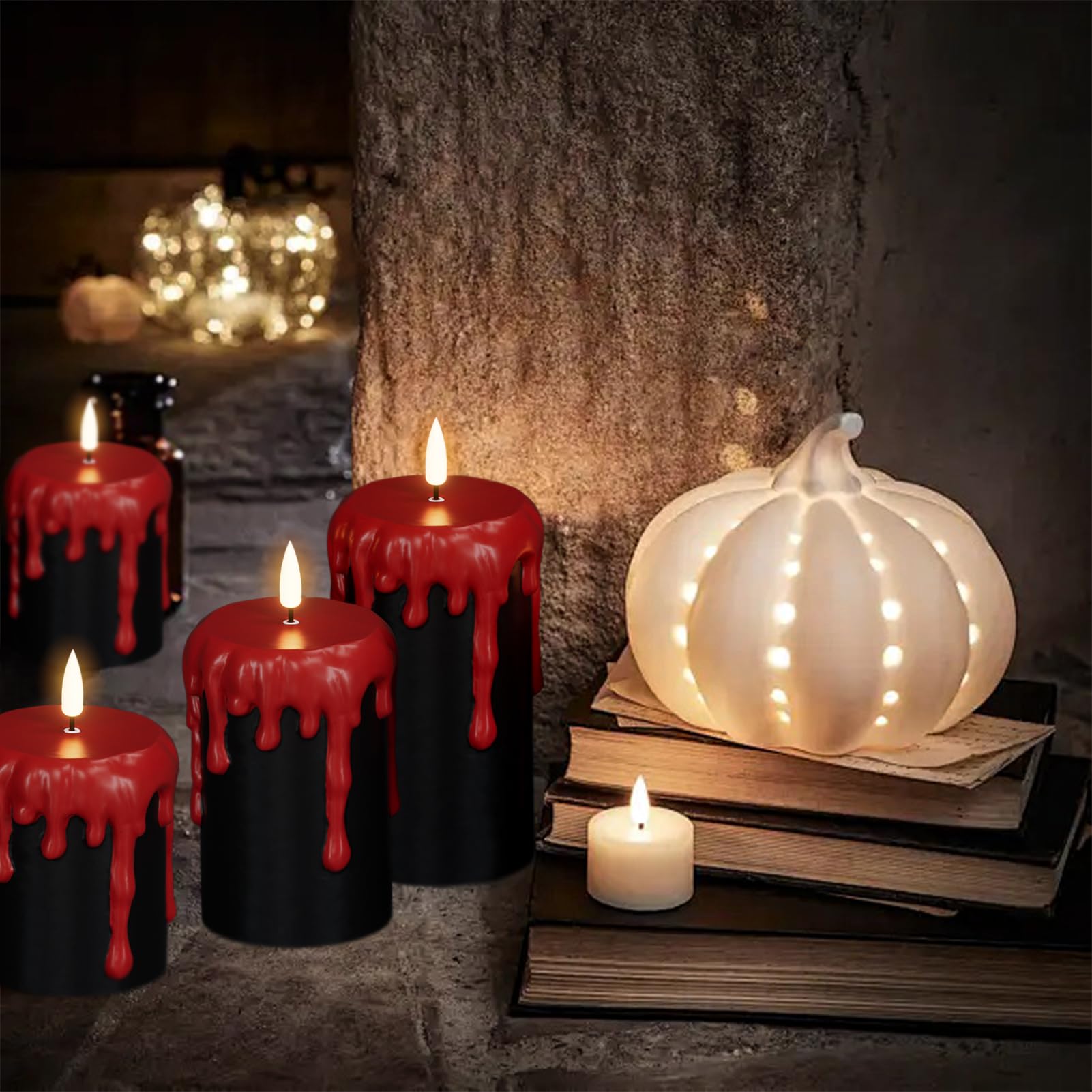 Wondise Halloween Flameless Candles With 6H Timer, Battery Operated Dripping Real Wax Black Led Pillar Candles 3D Wick Flickerin