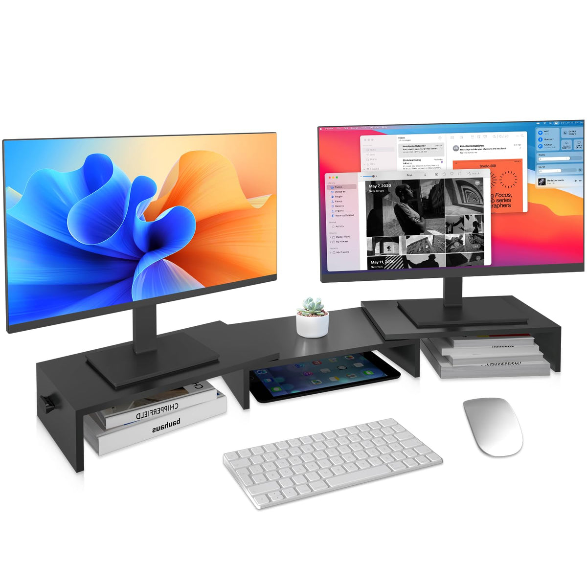 Pholiten Dual Monitor Stand Riser For 2 Monitors,Desktop Monitor Stand With Adjustable Length And Swivel Angles, Extra Long Mult