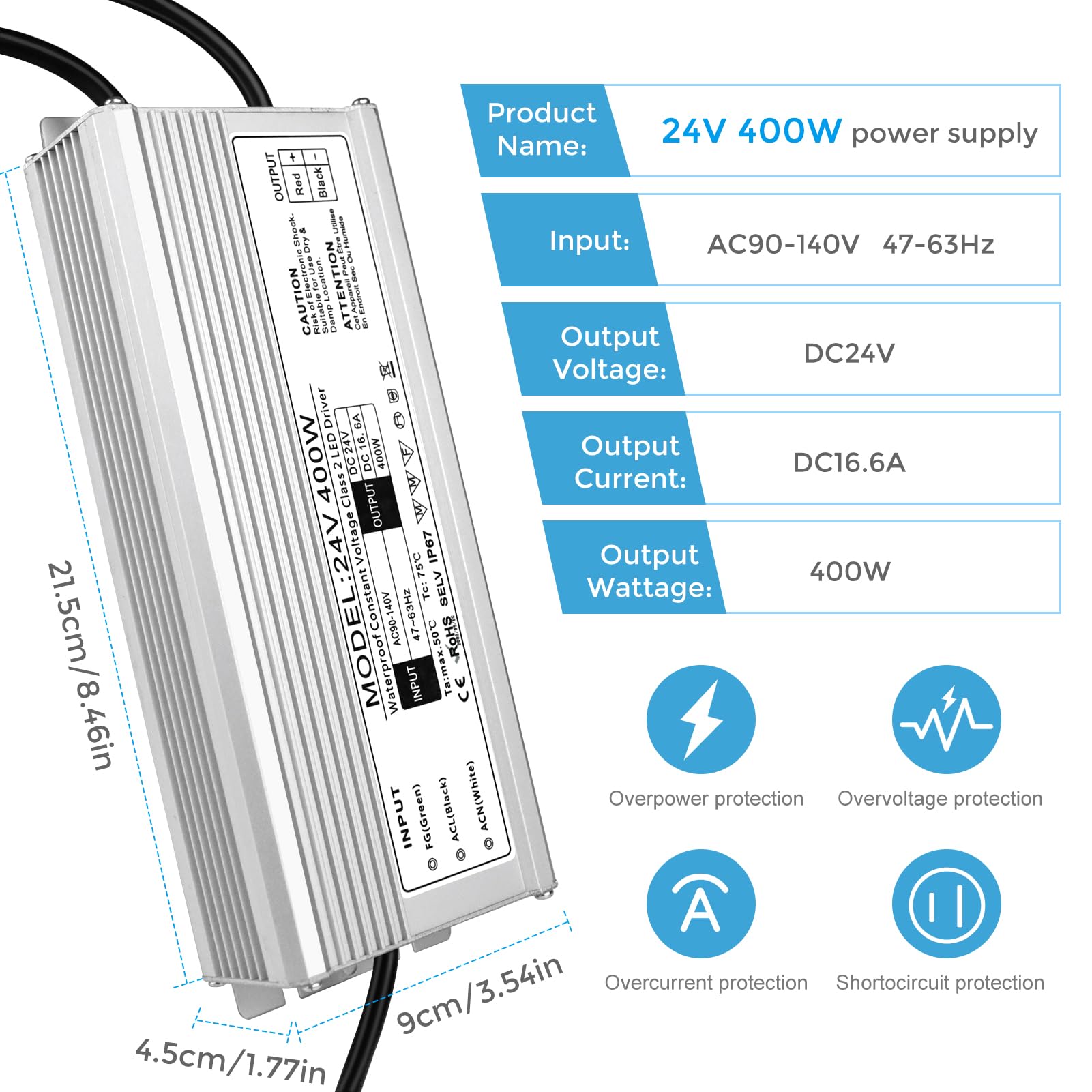 24V 400W Led Power Supply, Waterproof Ip67 Led Driver, Ac 110V To Dc 24 Volt Low Voltage Transformer With 3 Prong Plug 3.3 Feet