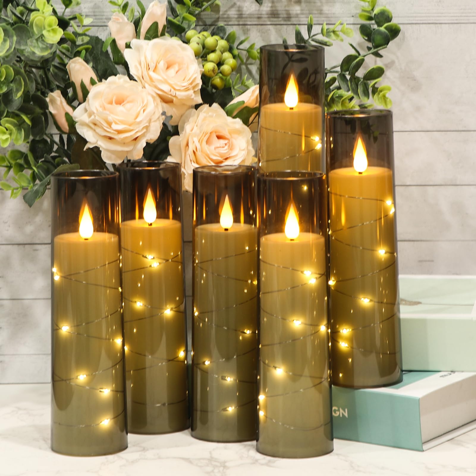 Genswin Flameless Flickering Candles With 2 Remote Timer, 6 Pack Led Battery Operated Candles With Embedded Star String, Pillar