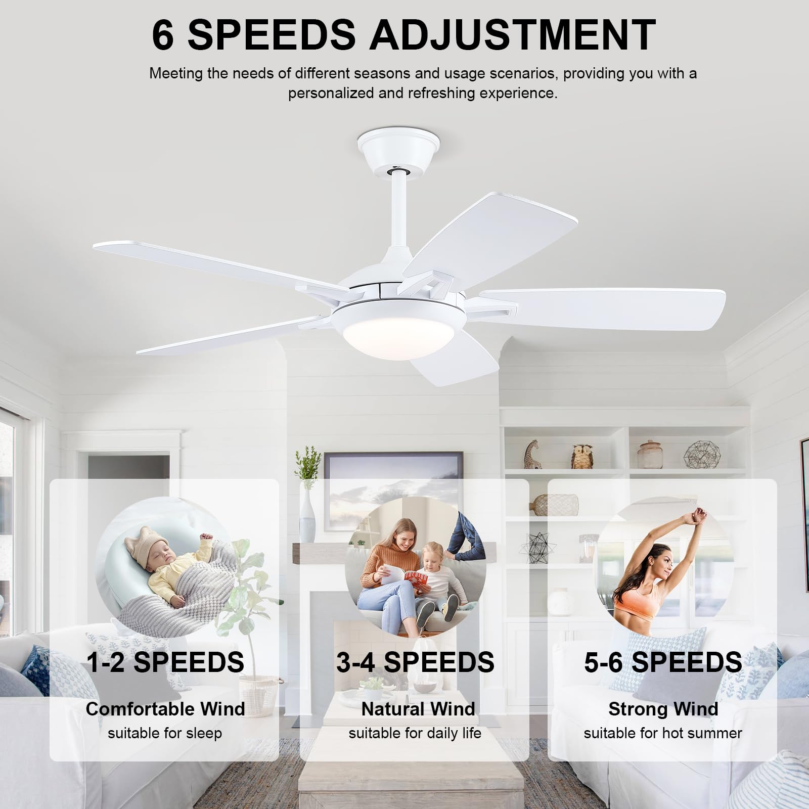 Kviflon Ceiling Fans With Lights And Remote, 46 Inch Modern Ceiling Fan With Light, White Ceiling Fans For Bedroom Living Room I
