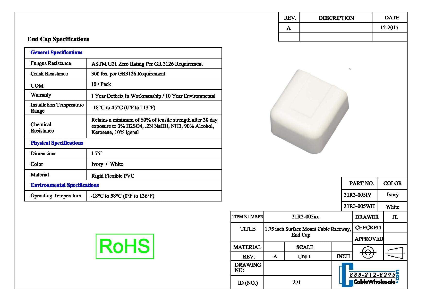 Cord Cover Cable Raceway, 1.75 Inch Surface Mount Cable Raceway End Cap On Wall Cord Concealer (Covers Raceway End), Cord Organi