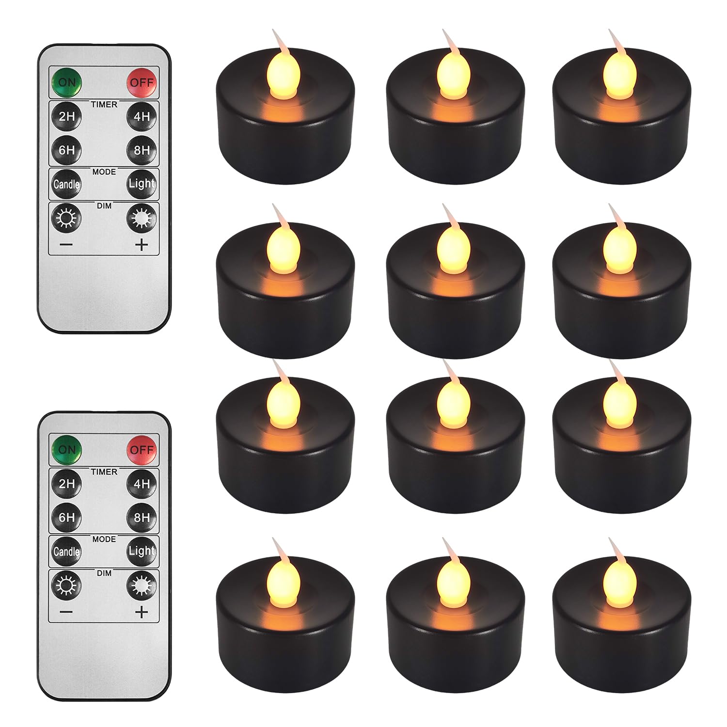 ODTRAM Black Tea Lights Candles Battery Operated: 12-Pack with Remote Control and Auto Timer, Realistic Flickering LED for Weddi