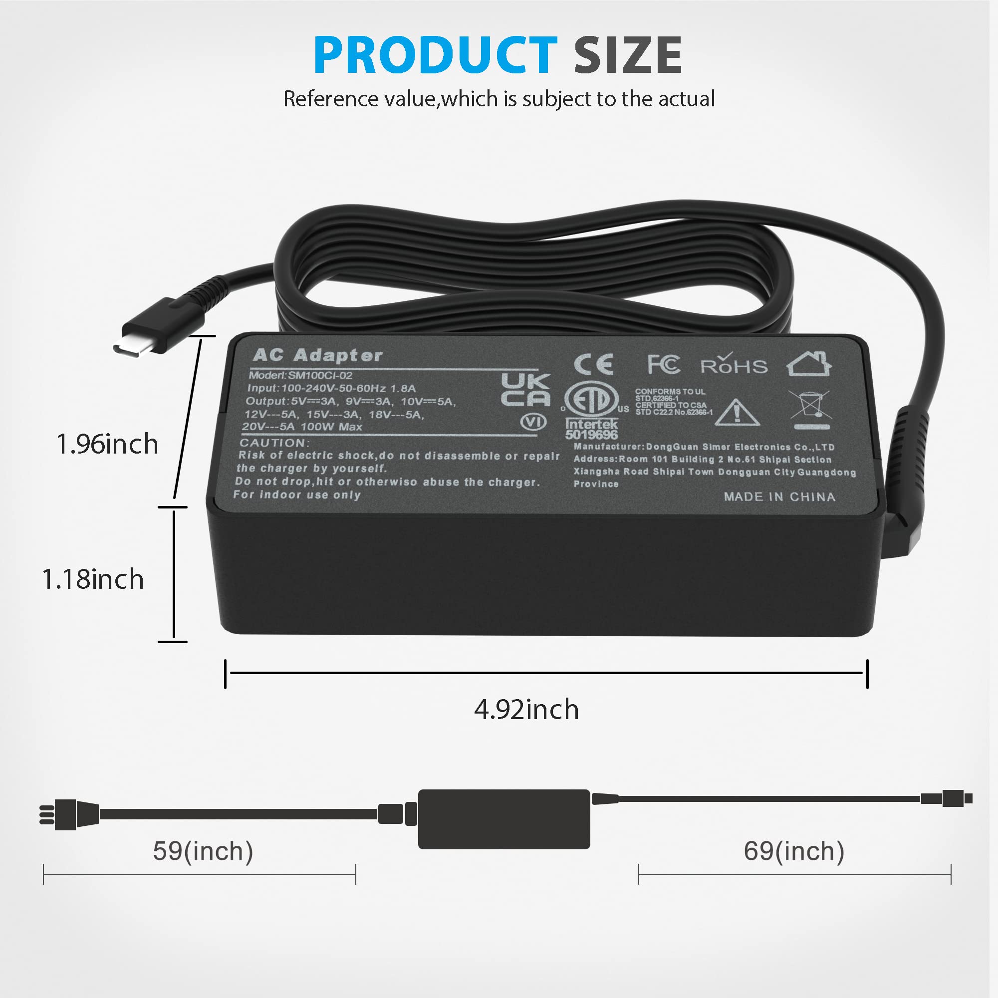 100W 90W Usb C Charger Type C Adapter For Lenovo Thinkpad Carbon X1 5Th 6Th Gen, Ideapad 13'' 720 Y400 Y500 P580 P500, Yoga 370