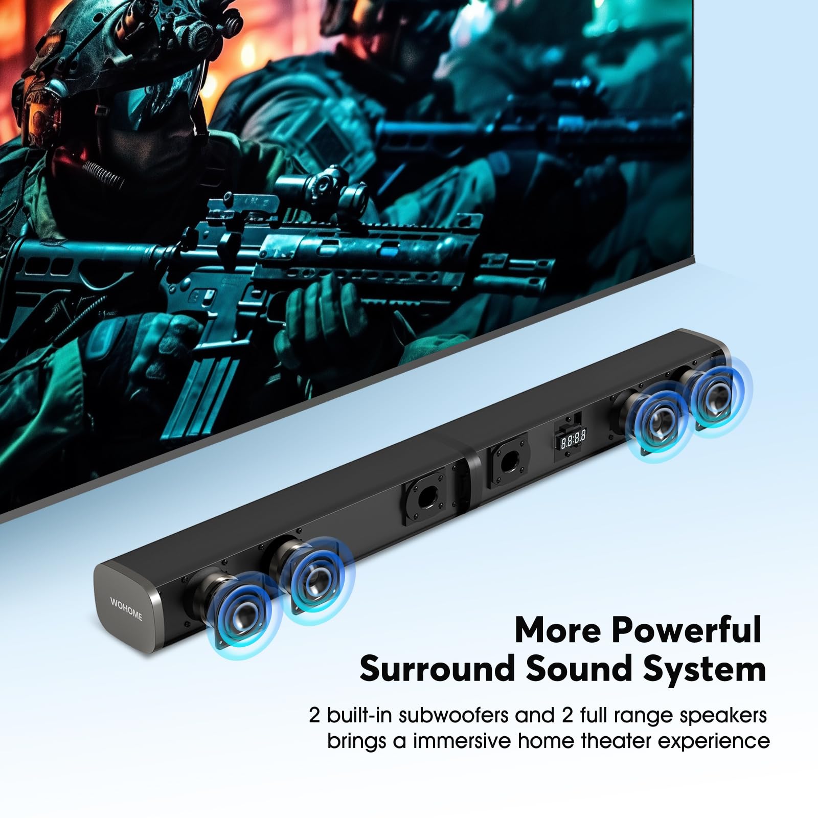 Wohome 2.2 Sound Bar For Tv With Built In Subwoofers, 32 Inches Detachable Soundbar Speaker, Bluetooth 5.3/Optical/Aux/Usb Connection With Colorful Backlight (Black)