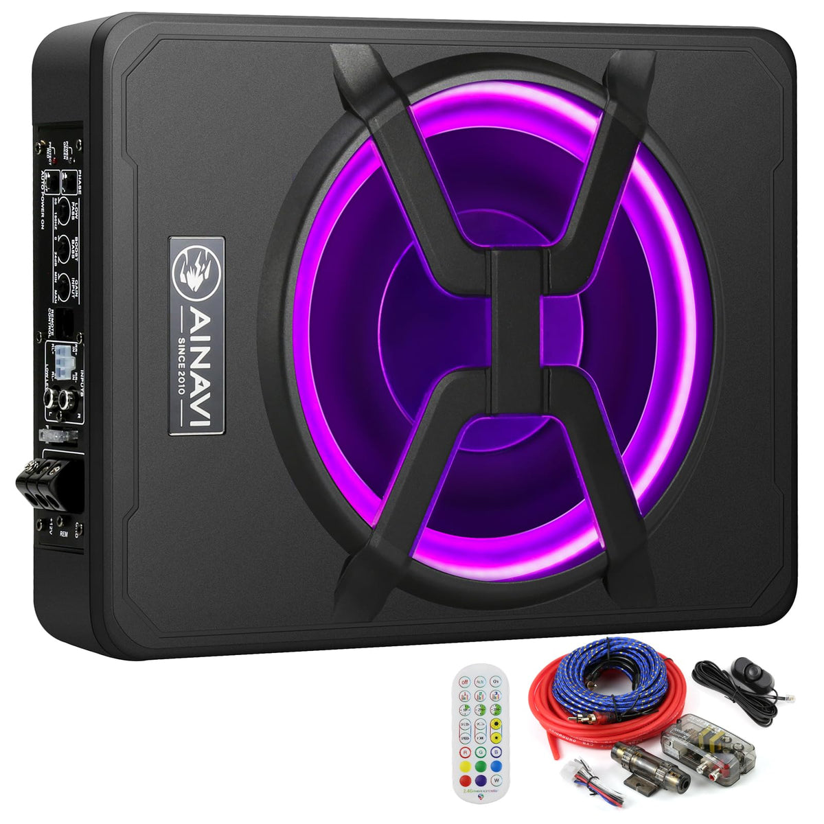 Ainavi 10 Inch Under Seat Car Subwoofer Bass Active Stereo With Multi Colors Ambient Lighting,Built In Amplifier 800 Watts Max,