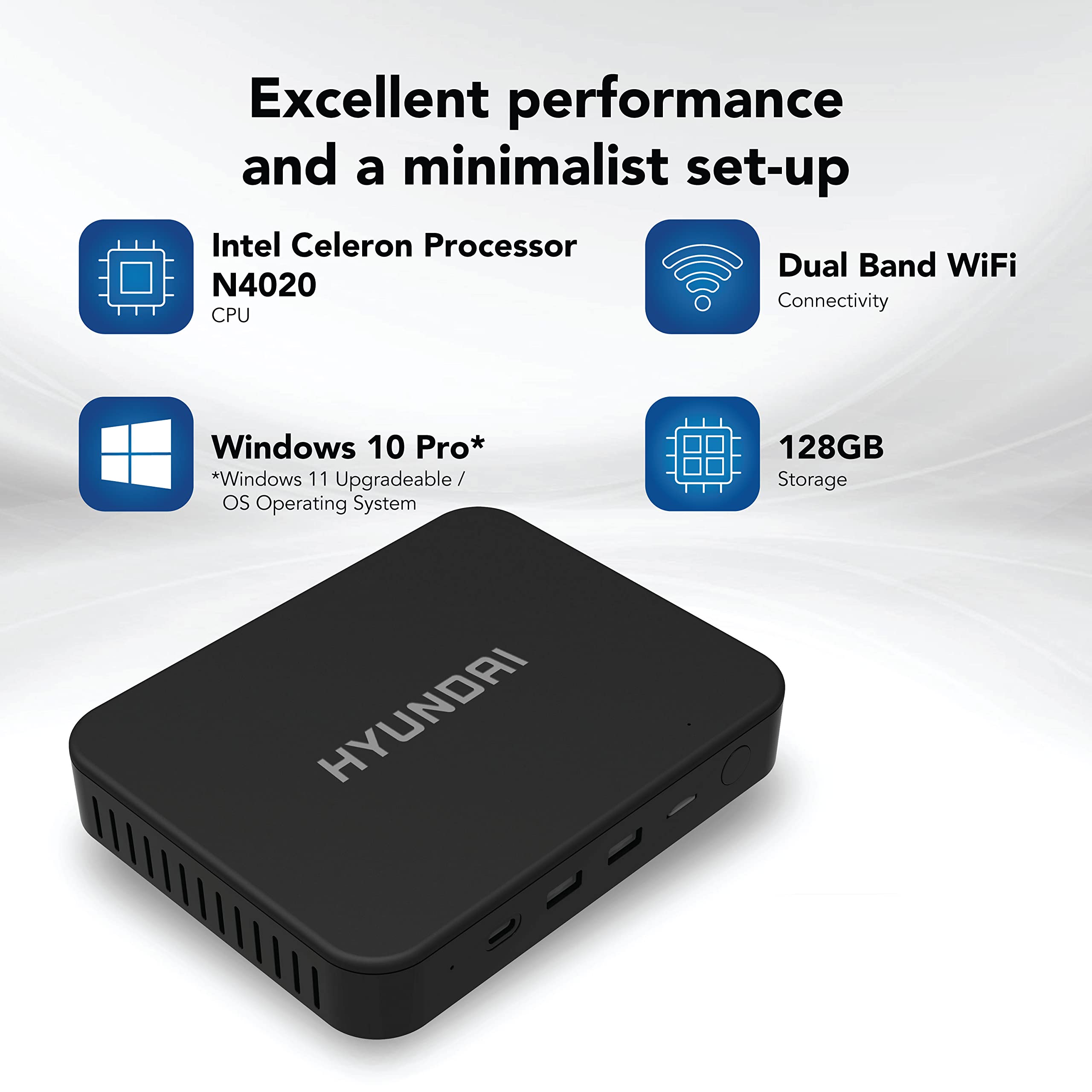 Hyundai Mini Pc   Intel Celeron N4020, 4Gb Ram, 128Gb Ssd, Windows 11 Home, 4K Uhd Dual Monitor Support, Dual Wi Fi, Bluetooth, Vesa Mount Included (Black)