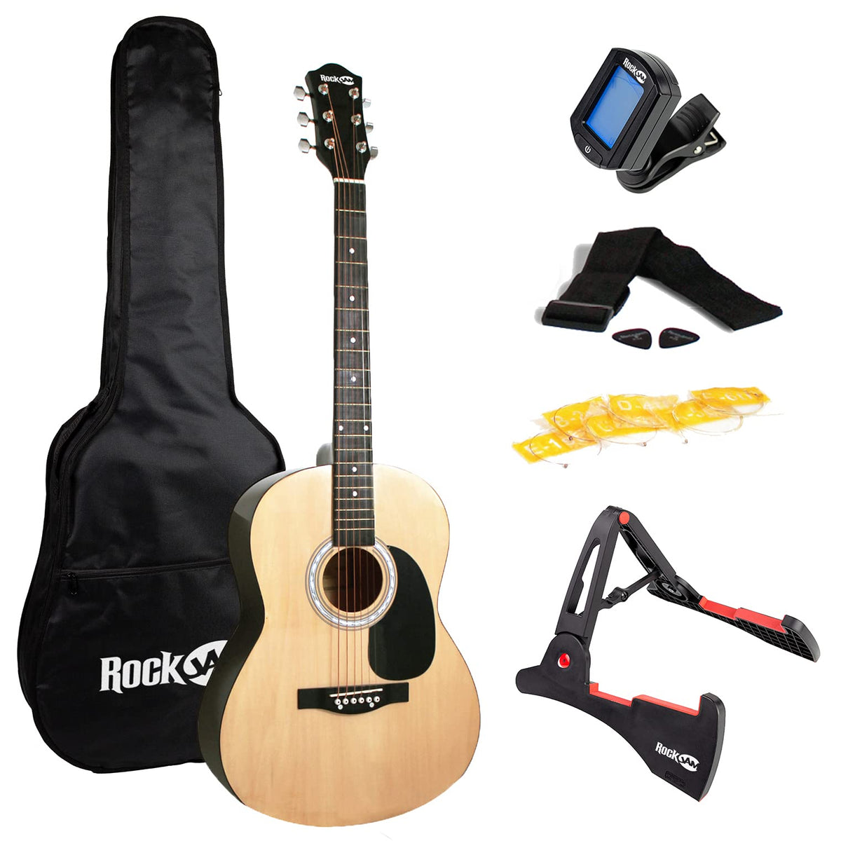 RockJam Acoustic Guitar Superkit Includes Stand, Gig Bag, Tuner, Picks, Plectrum Holder, Spare Strings & Online Lessons 6 String