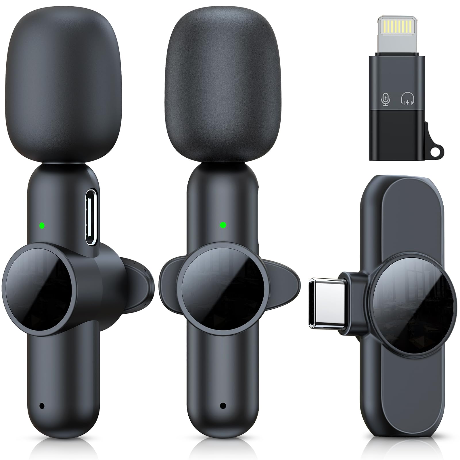 RICCHI 2pcs Wireless Microphone for iPhone/Android Phone, USB Type-C & Lightning Mini Microphone with Noise Reduction, Lavalier 