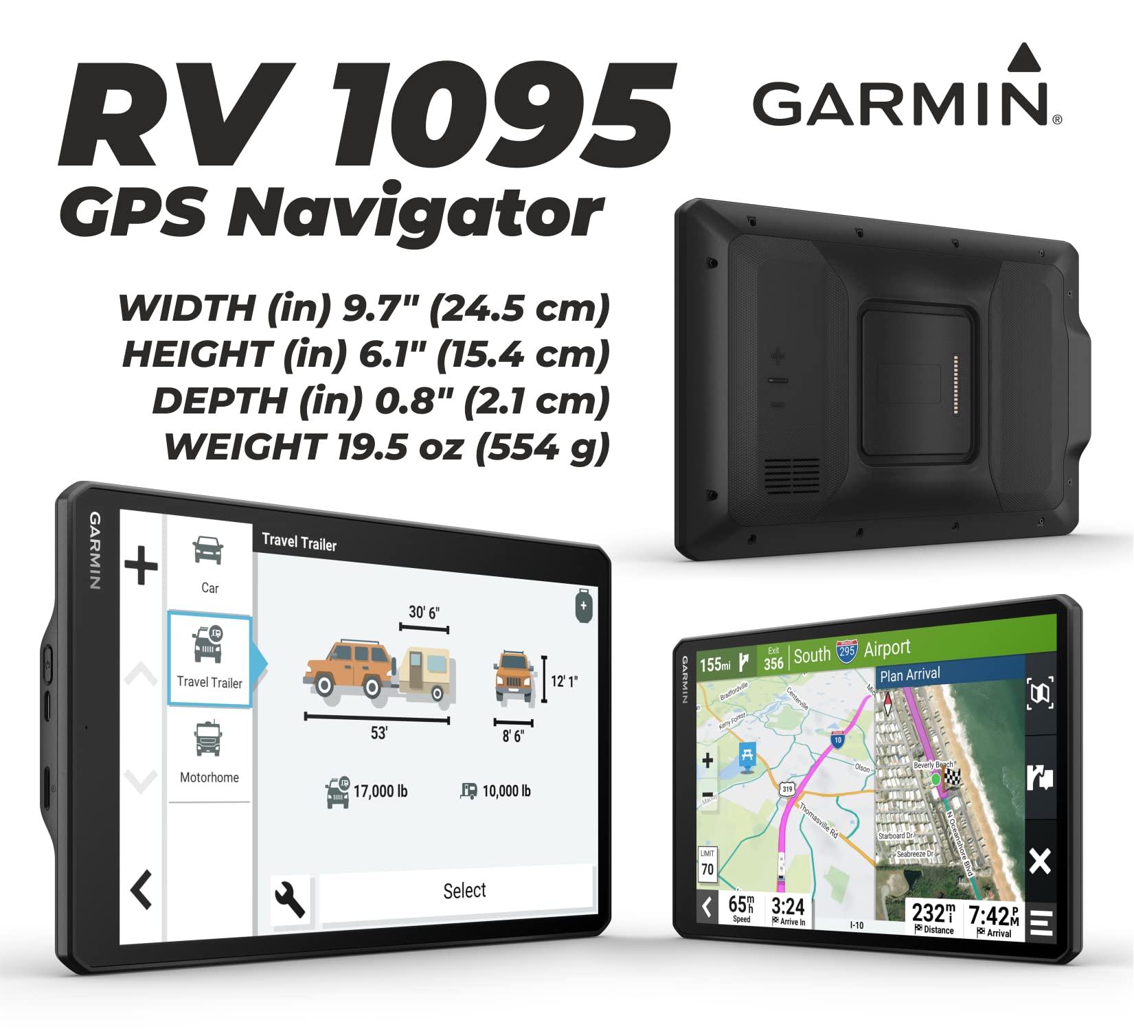 Garmin Rv 1095 Gps Navigator, Extra Large 10In Display In Landscape Or Portrait Mode, Custom Rv Routing, High Resolution Birdsey