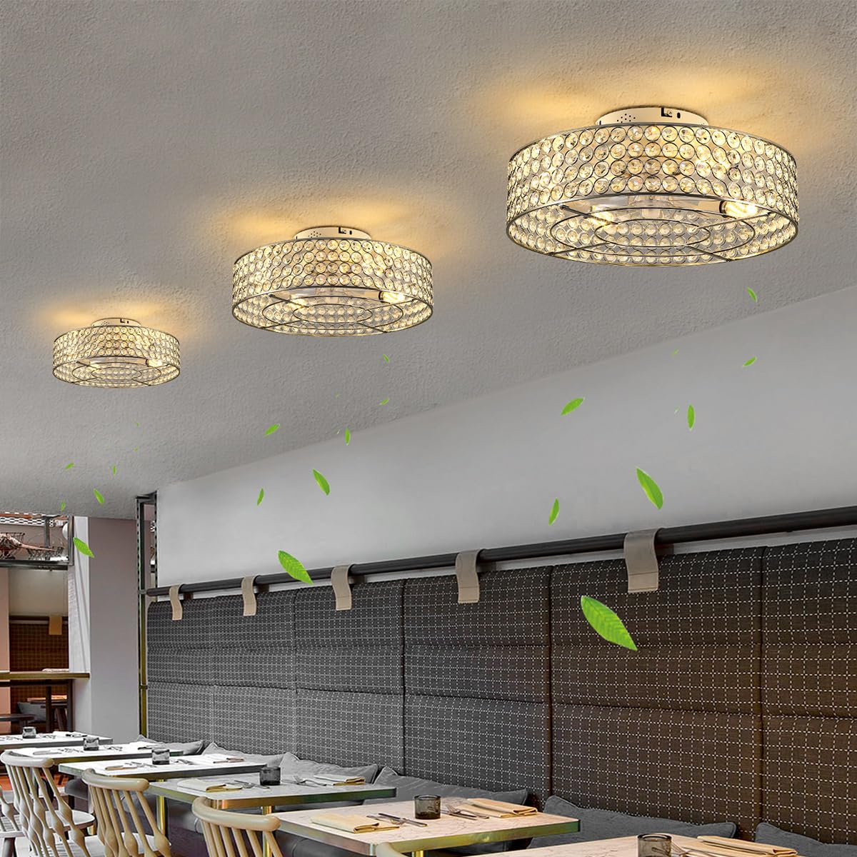 Hueoczw Modern Low Profile Ceiling Fans With Lights And Remote, 20 Inch Crystal Bladeless Flush Mount Caged Ceiling Fan For Bedr