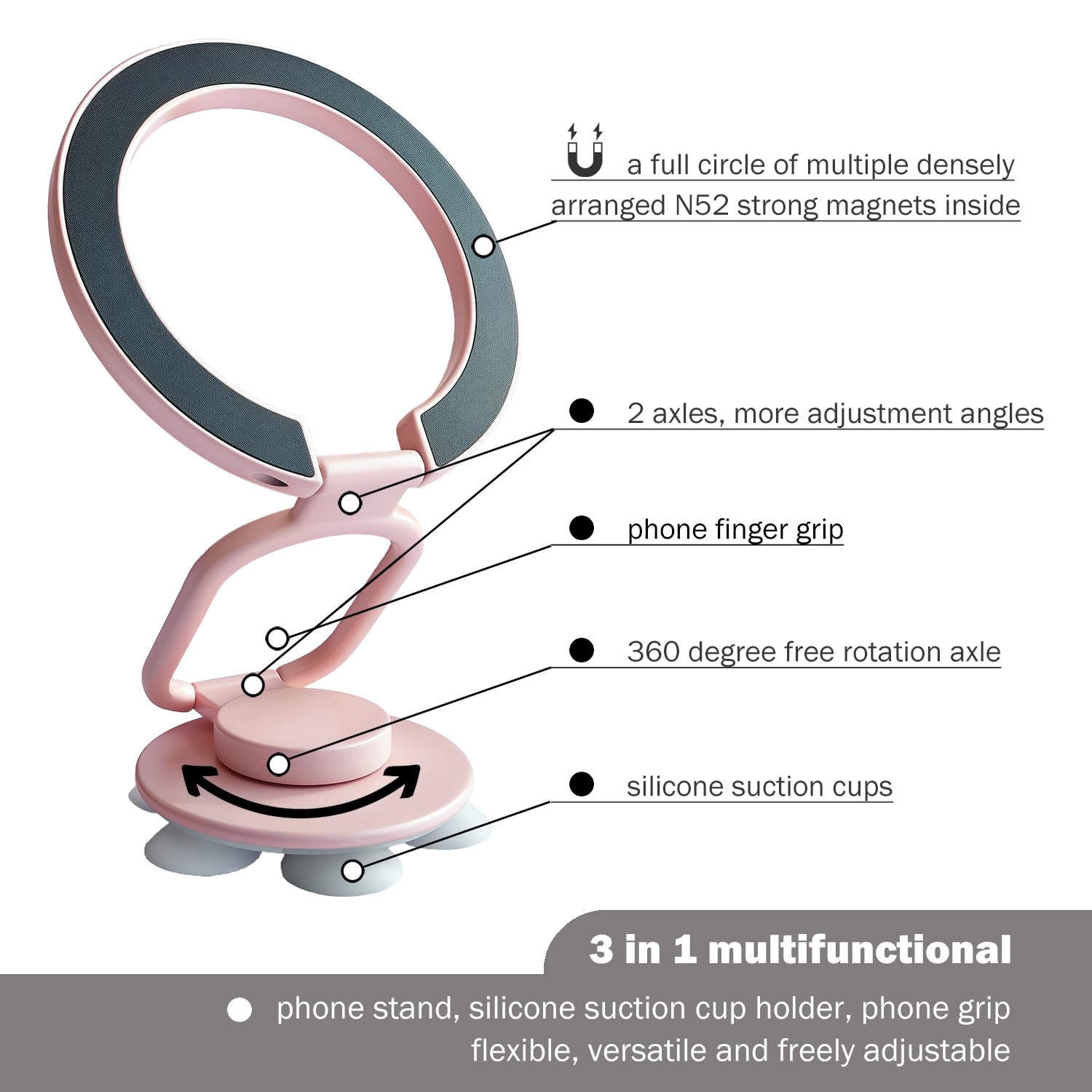 Magnetic Phone Holder Wtih Suction Cup, Multifunctional Cell Phone Stand, Mount, Ring Grip, Kickstand Compatible With Iphone 16/