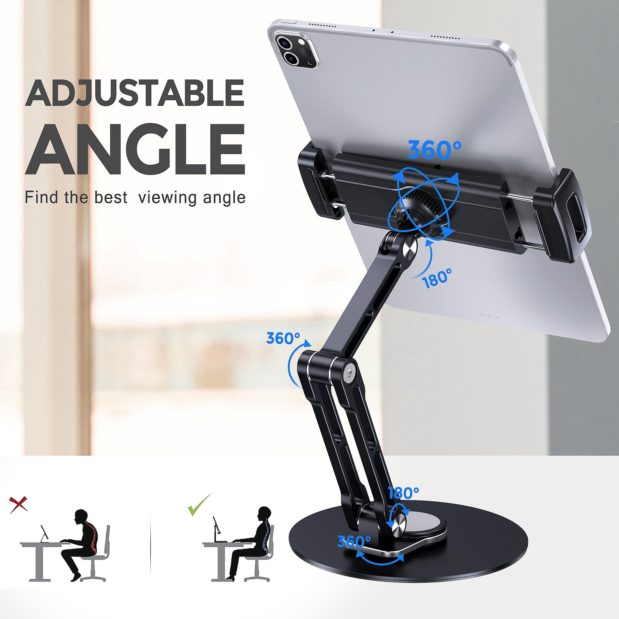 Lucrave Tablet Stand Holder For Ipad, Adjustable With 360 Rotating Base For Desk, Aluminum Swivel Tablet Stand Compatible With I