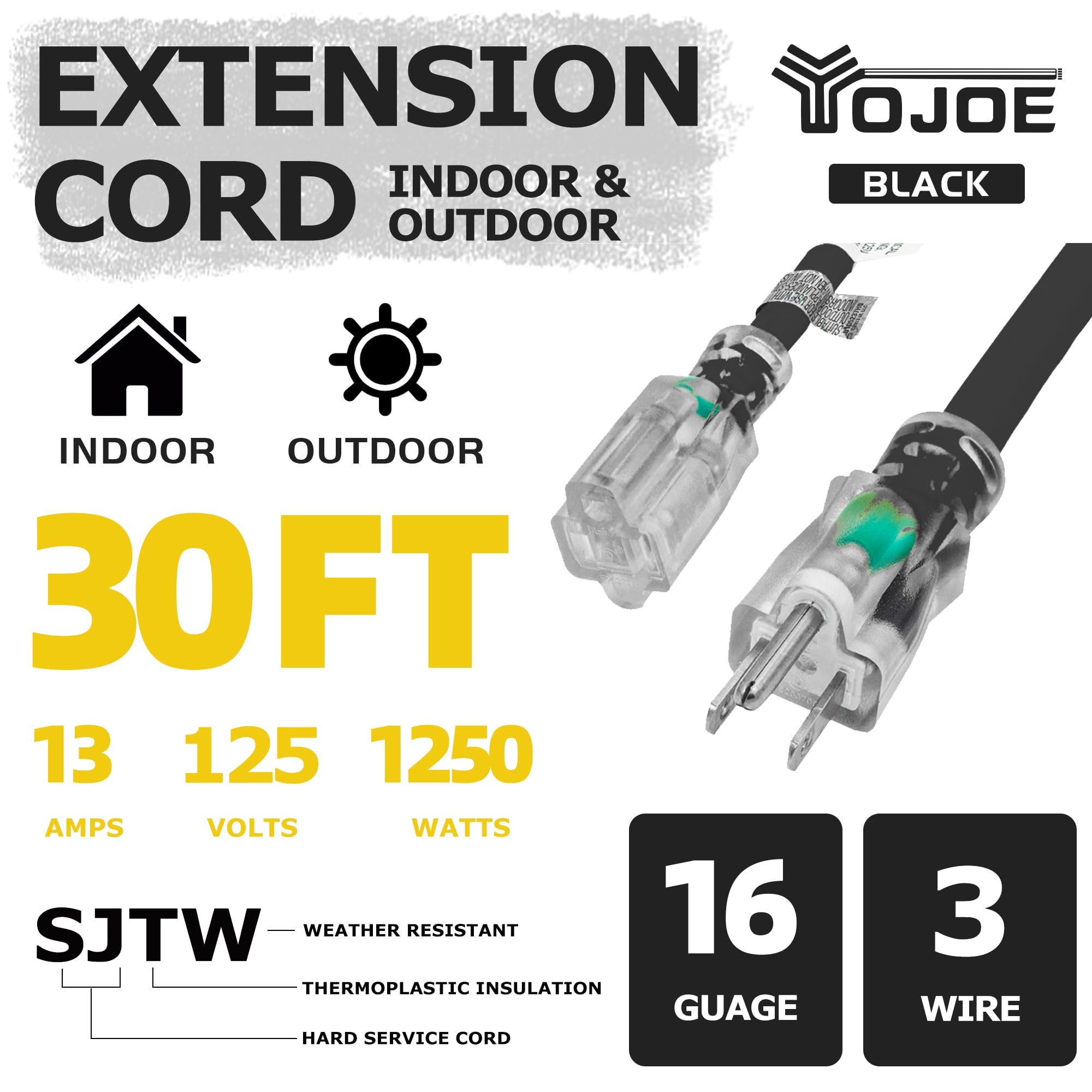 Yojoe Indoor Outdoor Extension Cord With Lighted End, 3 Prong 13A Weatherproof Power Extension Cord, 16 Gauge Heavy Duty 30 Ft B