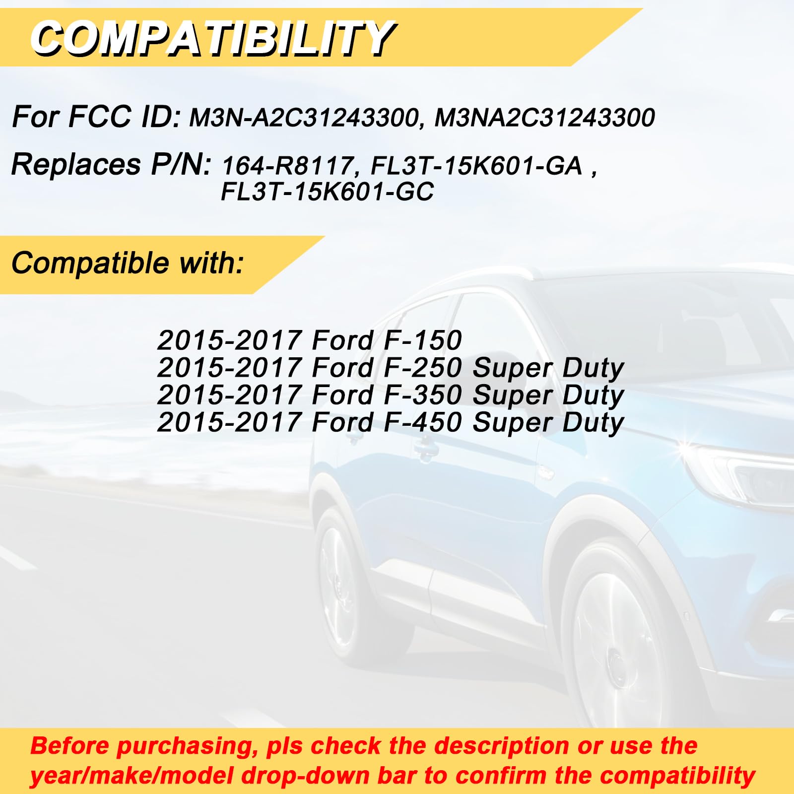 Vurkcy Key Fob Replacement For 2015-2017 Ford F-Series Truck- F150 F250 F350 F450 Car Keyless Entry Remote Control, M3N-A2C31243