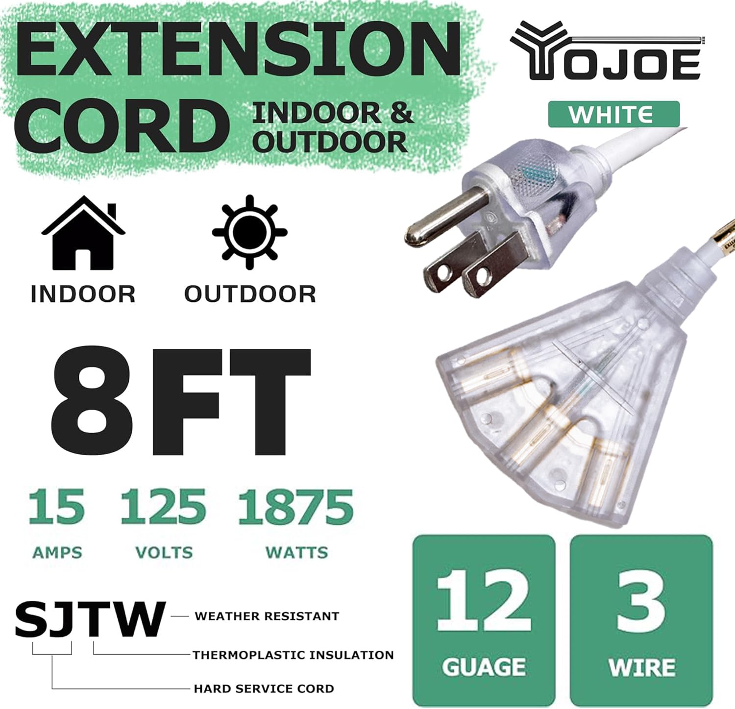 Yojoe 3 Outlets Indoor Outdoor Extension Cord With Lighted End, 3 Prong 15A Weatherproof Power Cord, 12 Gauge Heavy Duty 8 Ft Wh