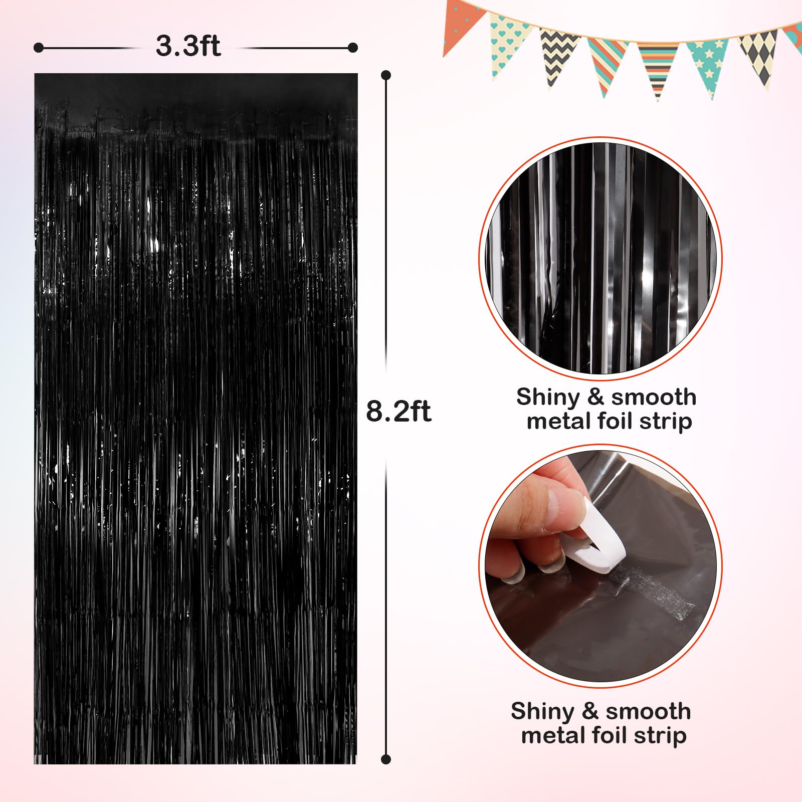 Black Metallic Tinsel Foil Fringe Curtains, 4 Pack 3.3X8.3 Feet Party Streamer Curtains For Birthday Party Decorations, Hallowee