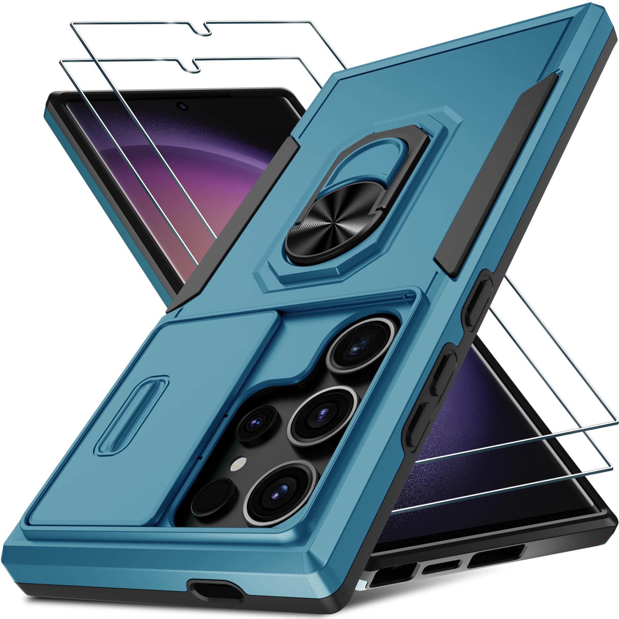 Janmitta Compatible With Samsung Galaxy S24 Ultra Case Built In Slide Camera Lens Cover+Screen Protector+Ring Holder,Heavy Duty