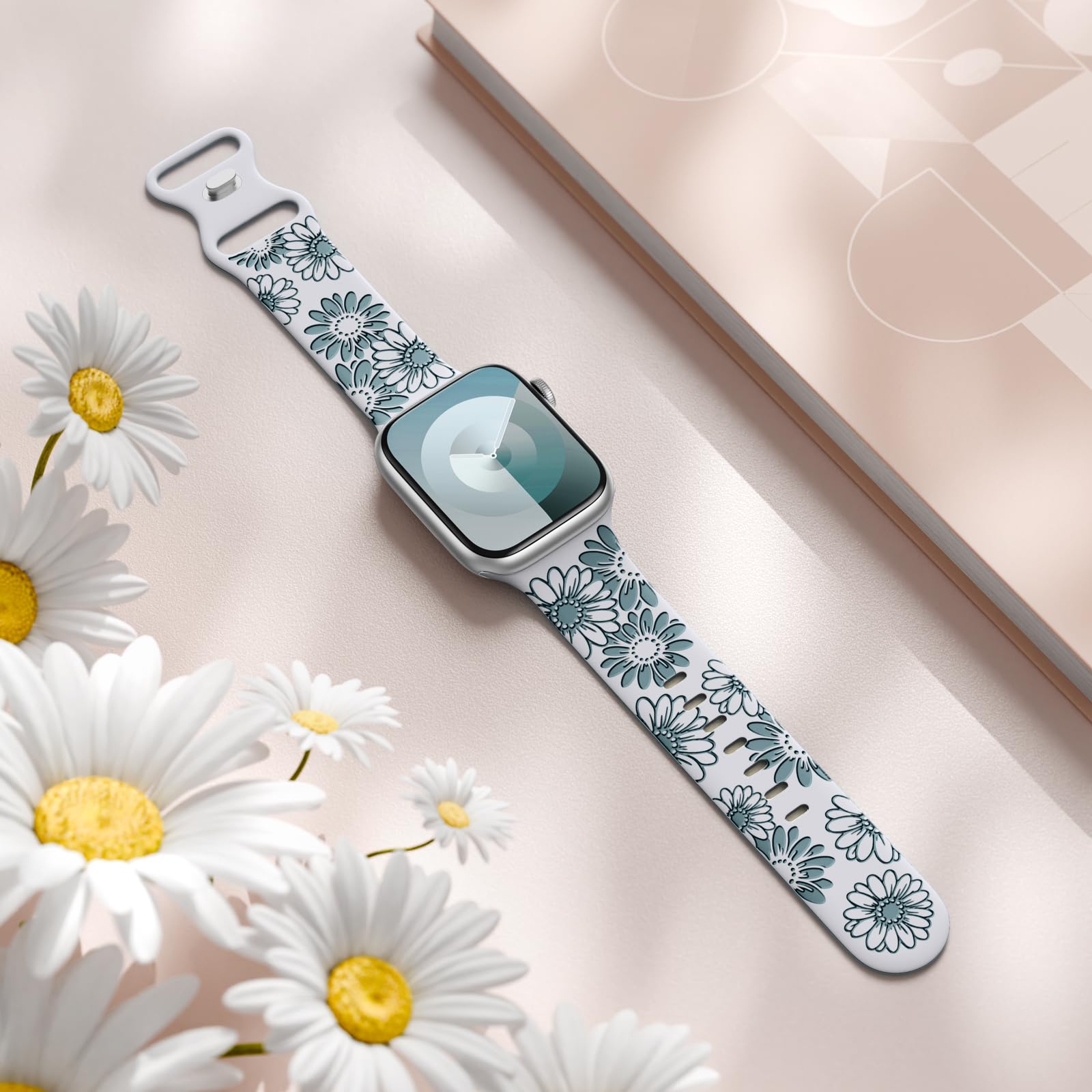 Daqin Floral Engraved Band Compatible With Apple Watch Band 40Mm 41Mm 38Mm Women,Cute Flower Pattern Band Soft Silicone Sport St