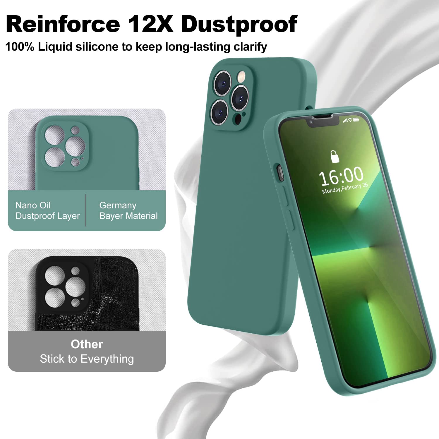 BossKiss iPhone 13 Pro Silicone Phone Case with Camera Protection, Soft Microfiber Lining & 2 Screen Protectors, Pine Green