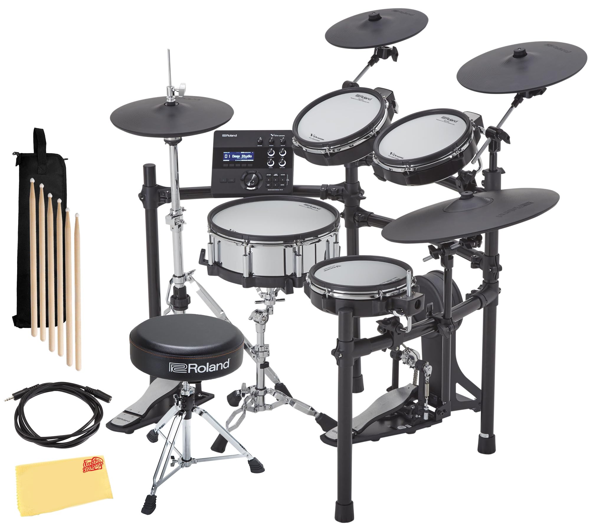 Roland V-Drums TD-27KV2 Electronic Drum Set Bundle with Drum Throne, Drumstick Bag, Audio Cable, 3 Pairs of Drumsticks and Austi