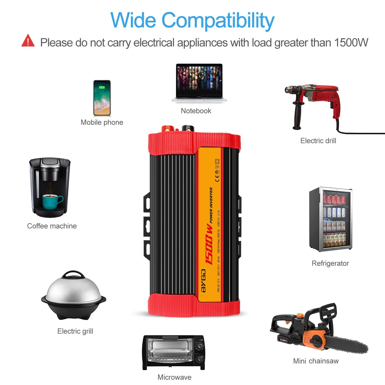 Bygd 1500W Power Inverter Dc 12V To 110V Ac Converter And Peak Power 3000W Car Inverter With 4.2A Dual Usb Ports Quick Charging