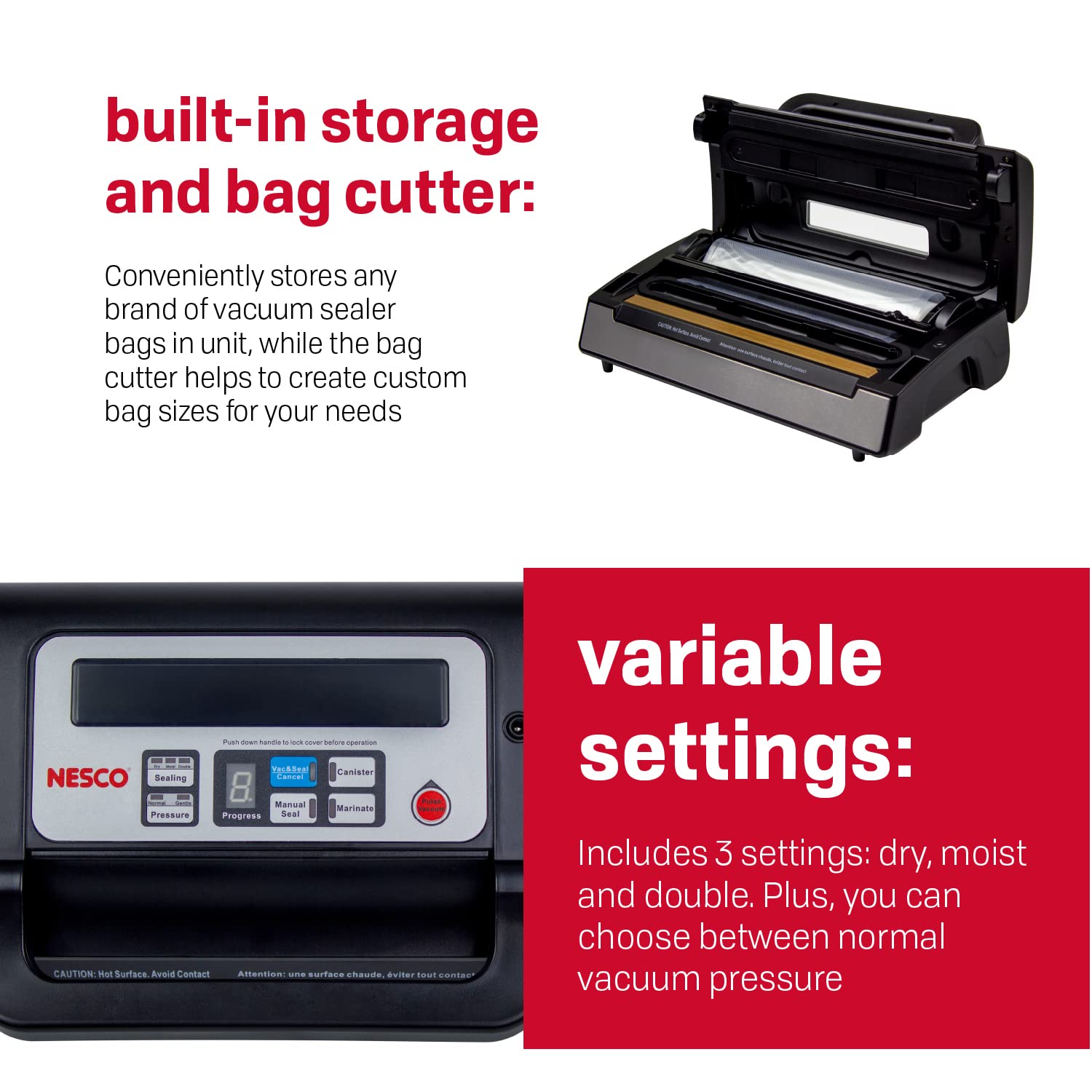 Nesco Deluxe Food Vs 12 Vacuum Sealer, 130 Watts, Kit Bags & Viewing Lid, Compact, Silver