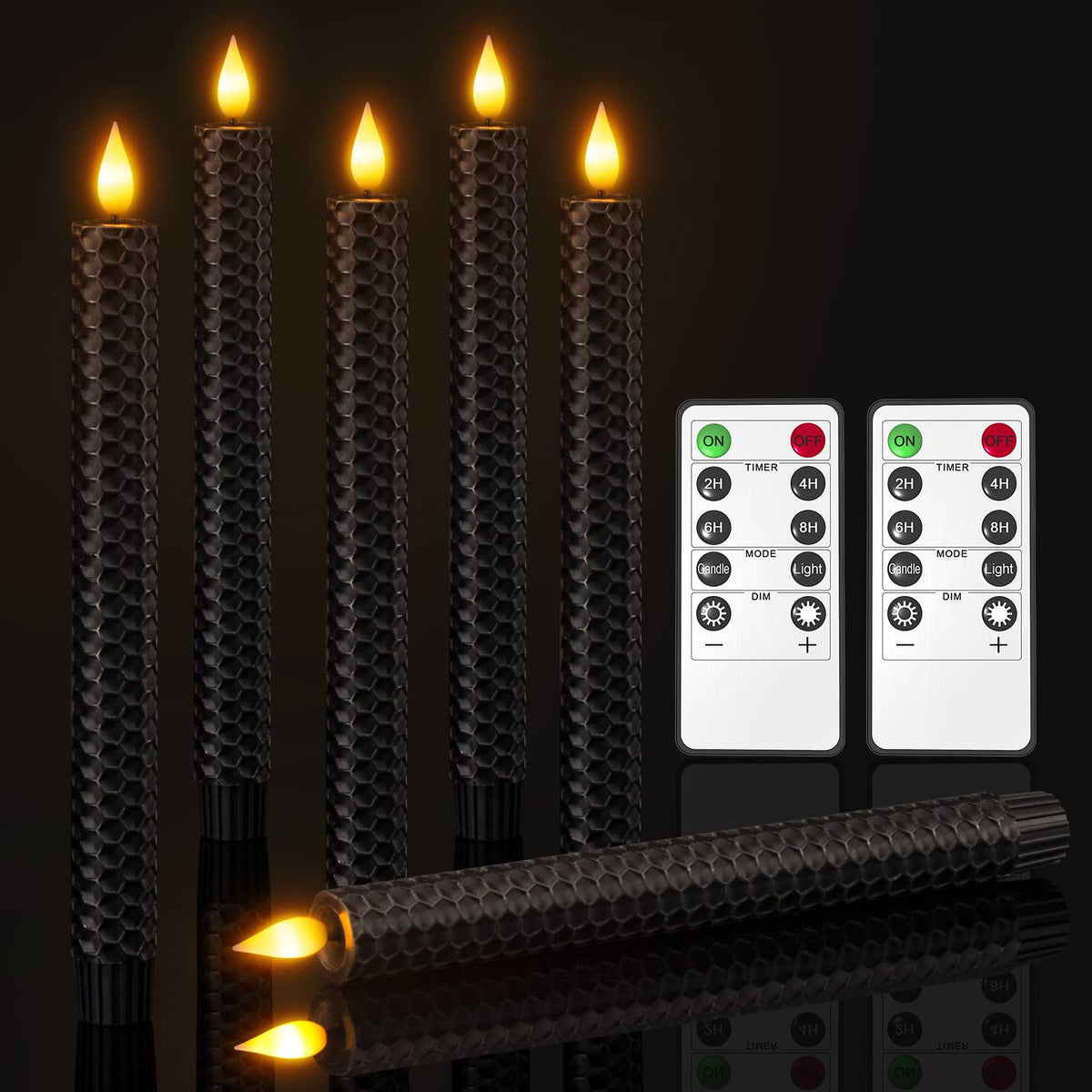 Soulbay Black Flameless Taper Candles, 9.7'' Battery Operated Real Wax Honeycomb Led Window Candle Sticks With Remote & Timer, F