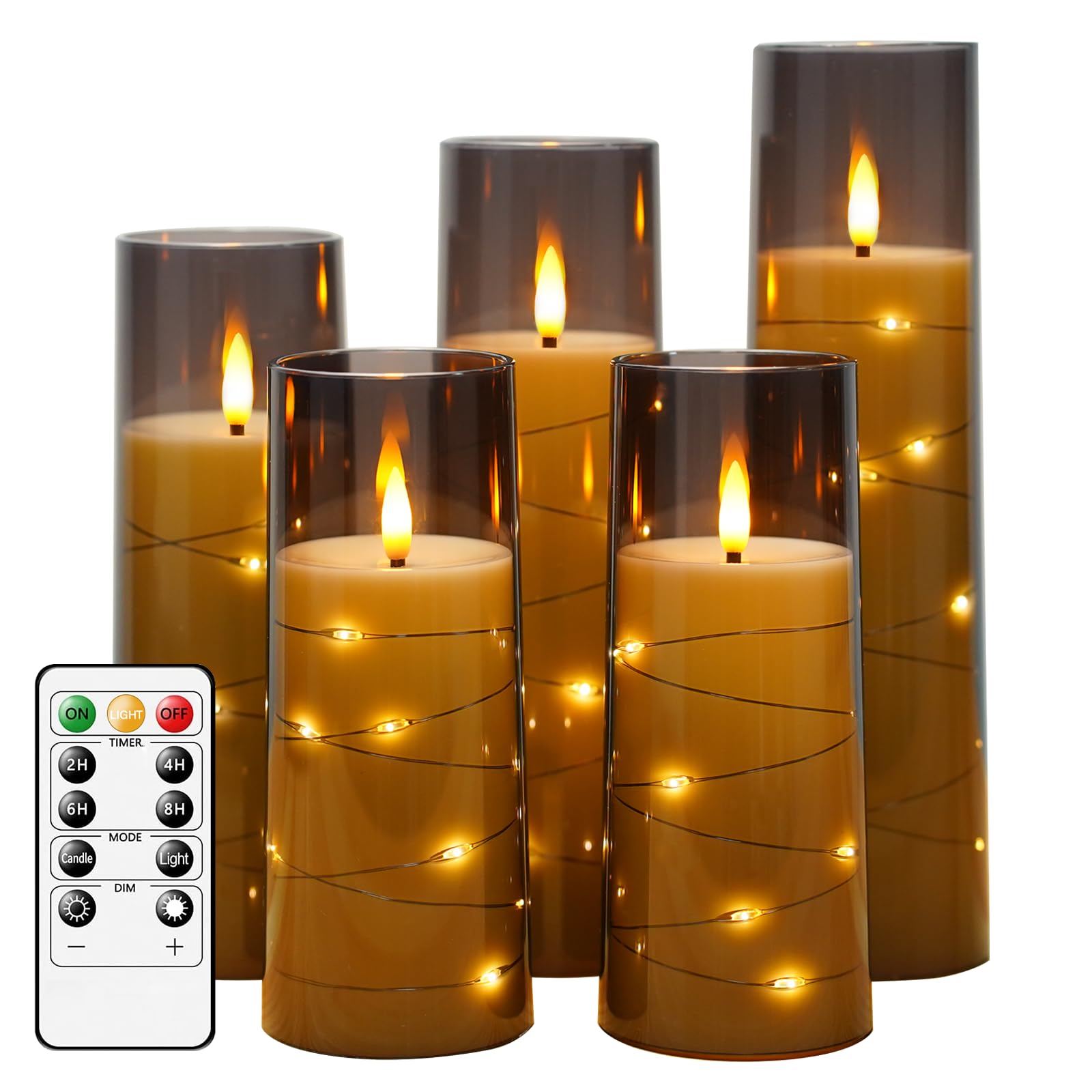 Obrldpao Flameless Candles Battery Operated,5 Pcs Acrylic Flickering Led Candles With Remote,With Embedded Star String Flameless