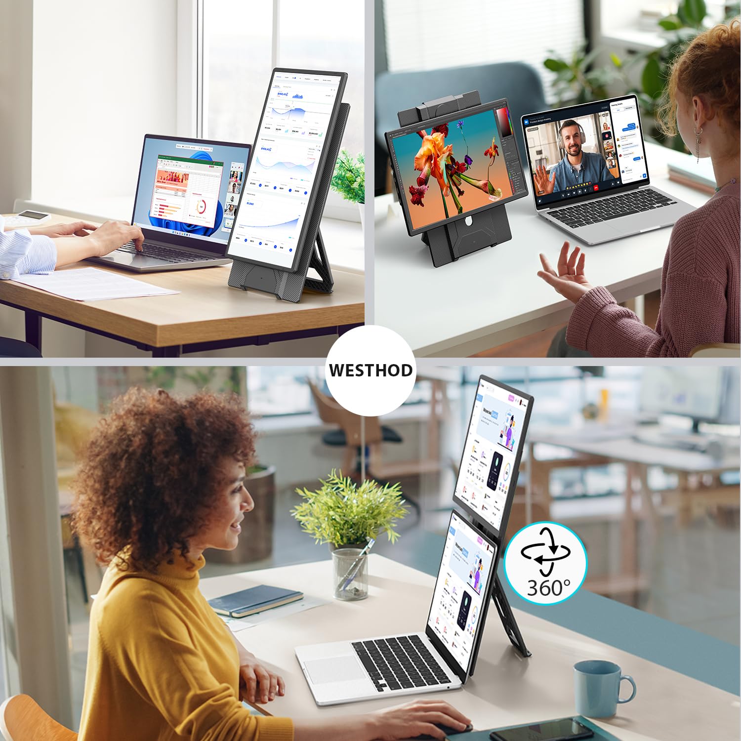 WESTHOD 16.2'' Portable FHD Monitor, USB-C/HDMI, Retractable Stand, Black, Model N2