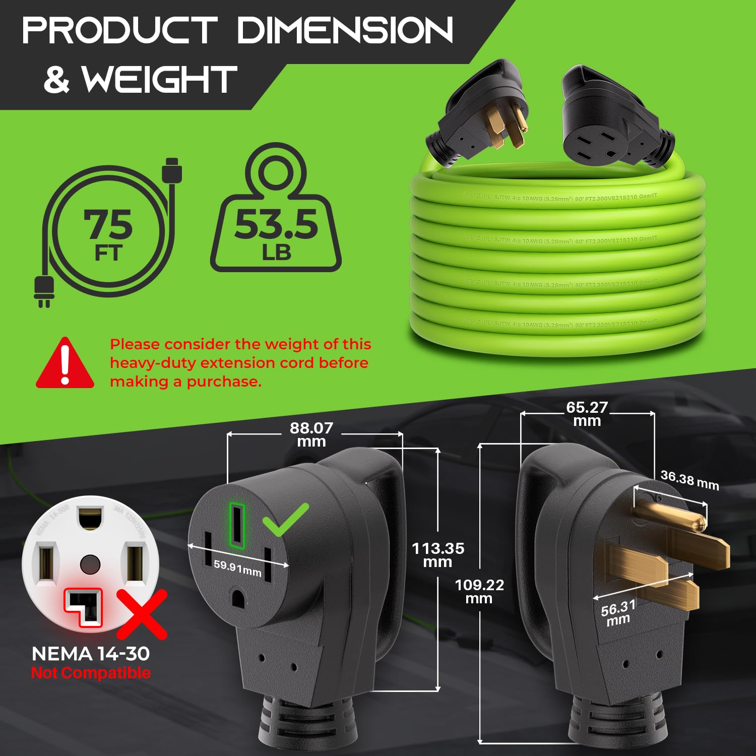 Gearit 50-Amp Extension Cord For Rv & Ev, 250-Volt, 4-Prong, Compatible With Tesla Models, Nema 14-50P To 14-50R 6/3, 8/1 Stw Aw