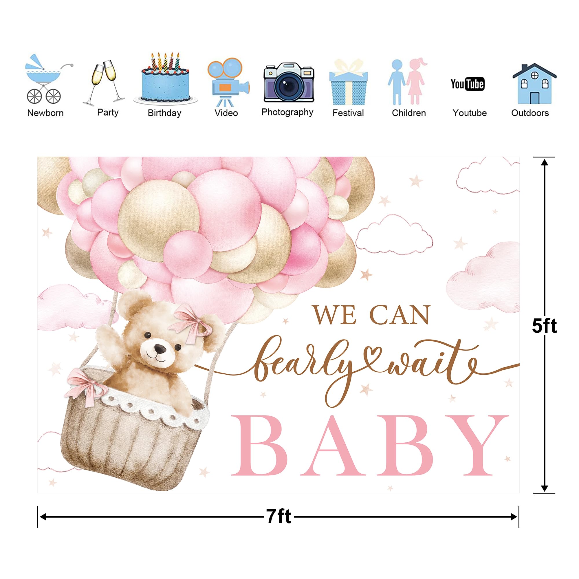 Glawry We Can Bearly Wait Baby Shower Decorations Backdrop For Photography 7Wx5H Feet Pink Cute Cartoon Bear Animal Hot Air Ball