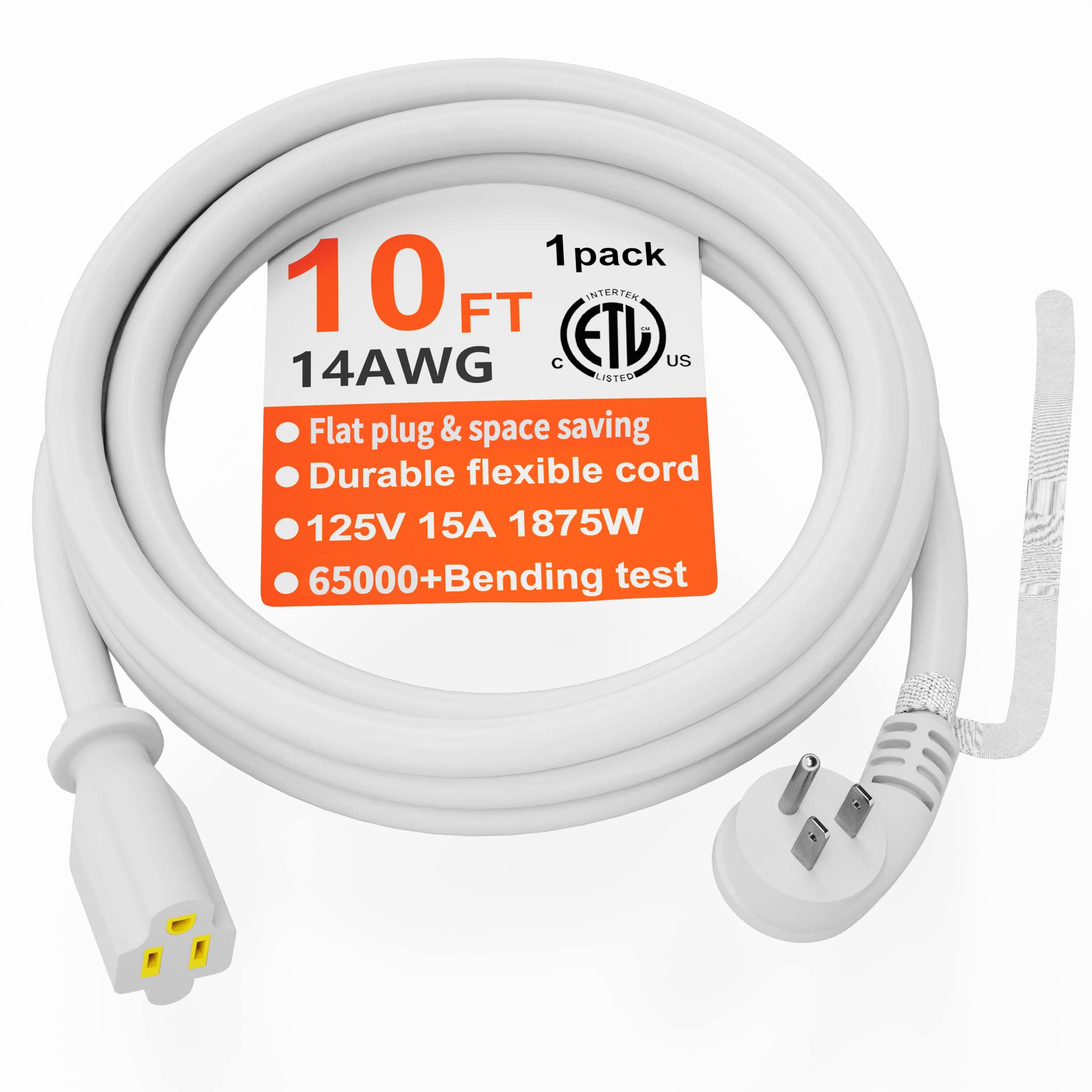 Huanchain 14 Gauge 10 Ft Flat Plug Extension Cord White Indoor Outdoor, Heavy Duty 3 Prong Grounded Low Profile Extension Wire F