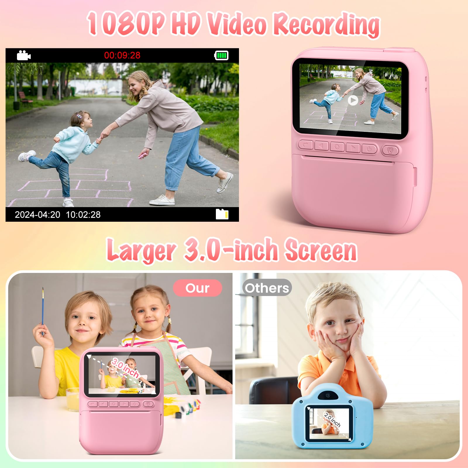 Instant Print Camera For Kids, 3.0'' Hd 32Mp Kids Camera 1080P Digital Camera With 3 Rolls Of Printer Paper, Toddler Camera Birt