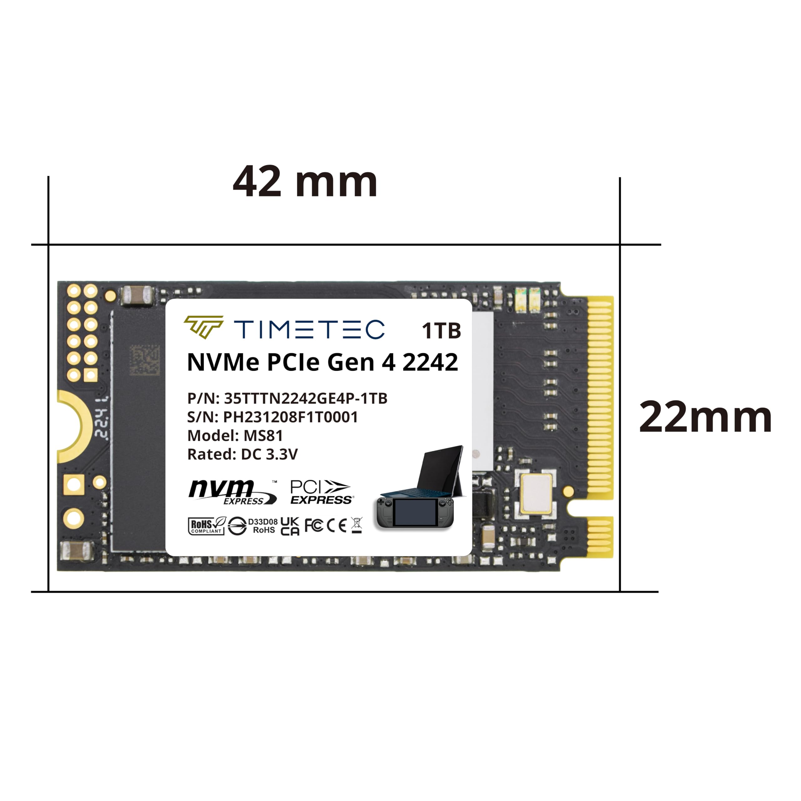 Timetec 1Tb M.2 2242 Ssd Nvme Pcie Gen4X4 3D Nand Tlc Read/Write Speed Up To 5,100/4,800 Mb/S Single Sided Compatible With Lenov