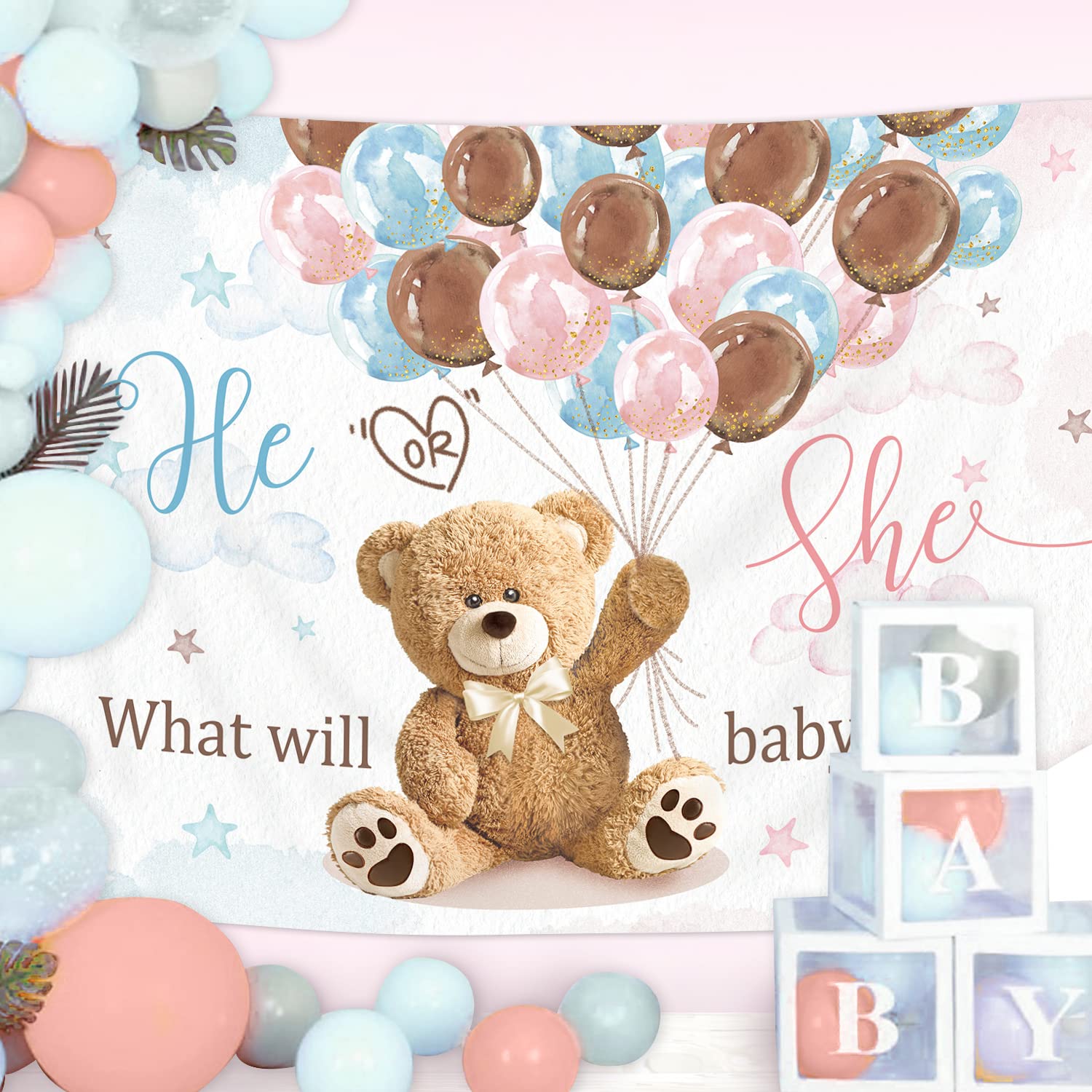 Imirell Bear Gender Reveal Party Backdrop 7Wx5H Feet Cute Bear Pink Brown Blue Balloons He Or She What Will Baby Be Polyester Fa