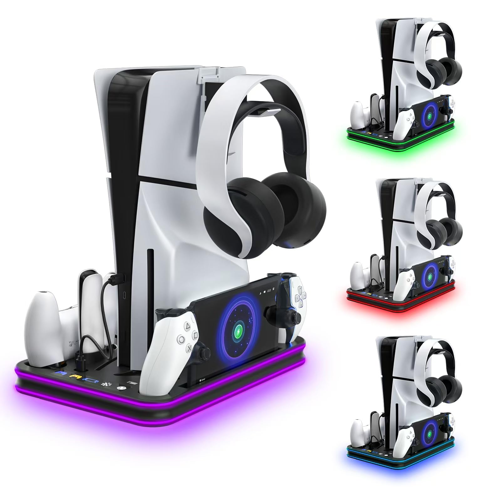 Cooling Station & RGB LED Stand for PS5/PS5 Slim - Dual Controller Charging Dock with Magnetic Charger for PlayStation 5 and PS