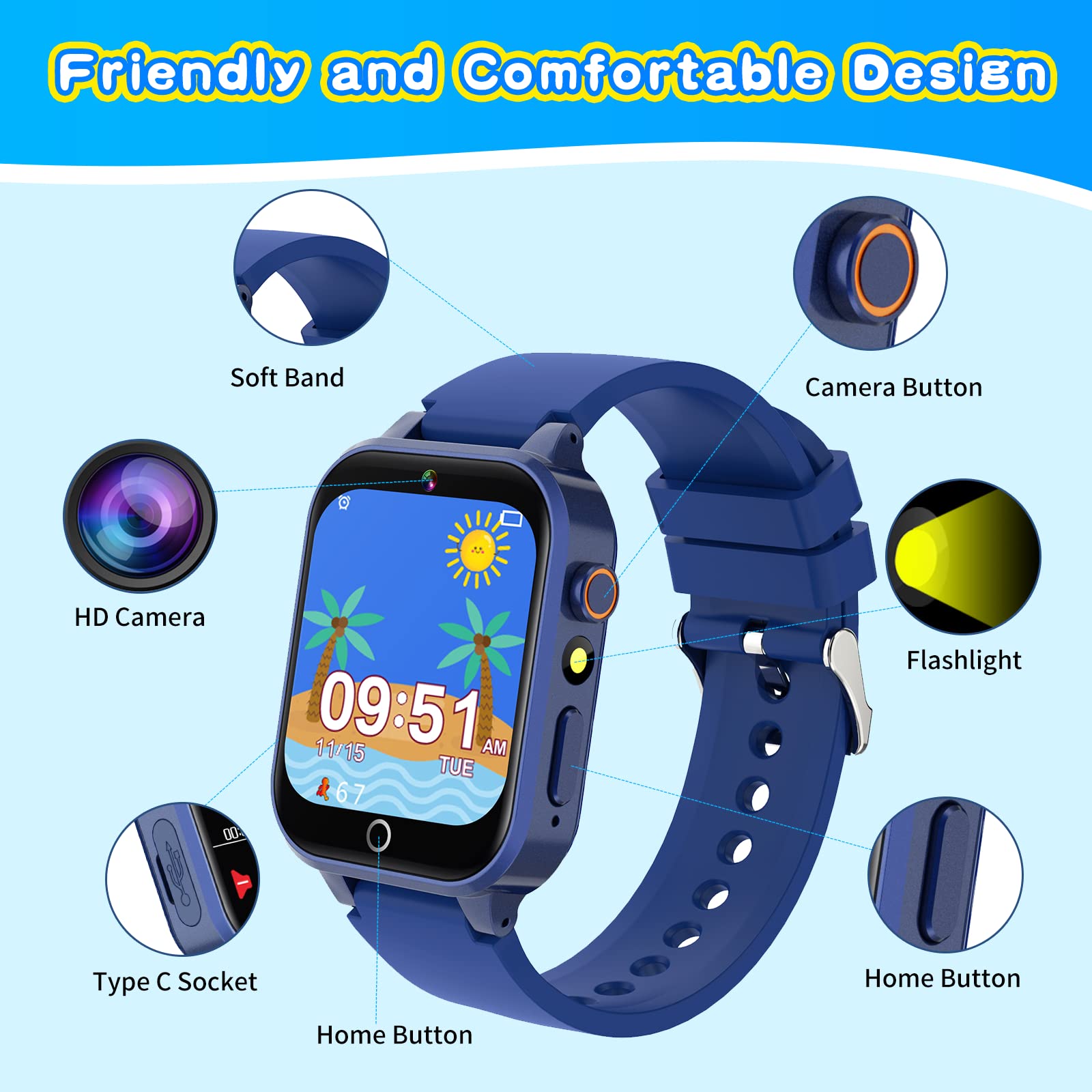 Cosjoype Upgrade Kids Smart Watch For Kids With 26 Puzzle Games Hd Camera Video Mp3 Player Habit Tracking Pedometer Flashlight 1