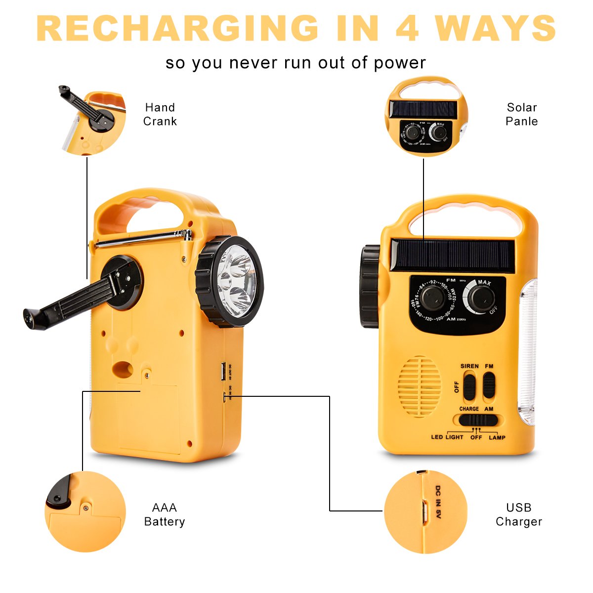 Hoshine Multi Functional 4 Way Powered Led Camping Lantern & Flashlight With Am/Fm Radio & Cell Phone Charger, Color Yellow