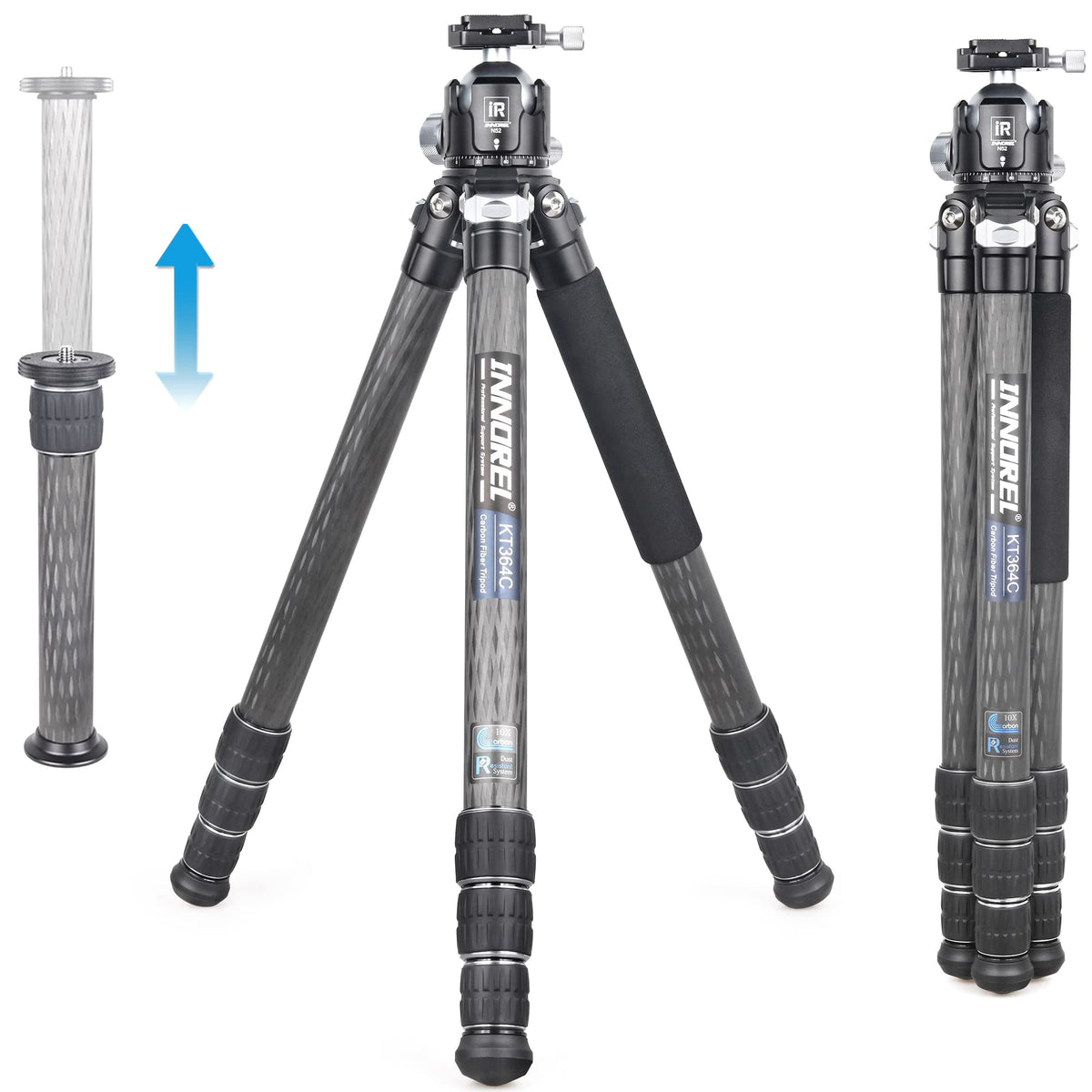 Innorel 10 Layer Carbon Fiber Compact Tripod Kt364C Professional 36Mm Tube Heavy Duty Camera Stand For Digital Dslr Video Camcorder With 52Mm Low Profile Panoramic Ballhead Center Column Load 30Kg
