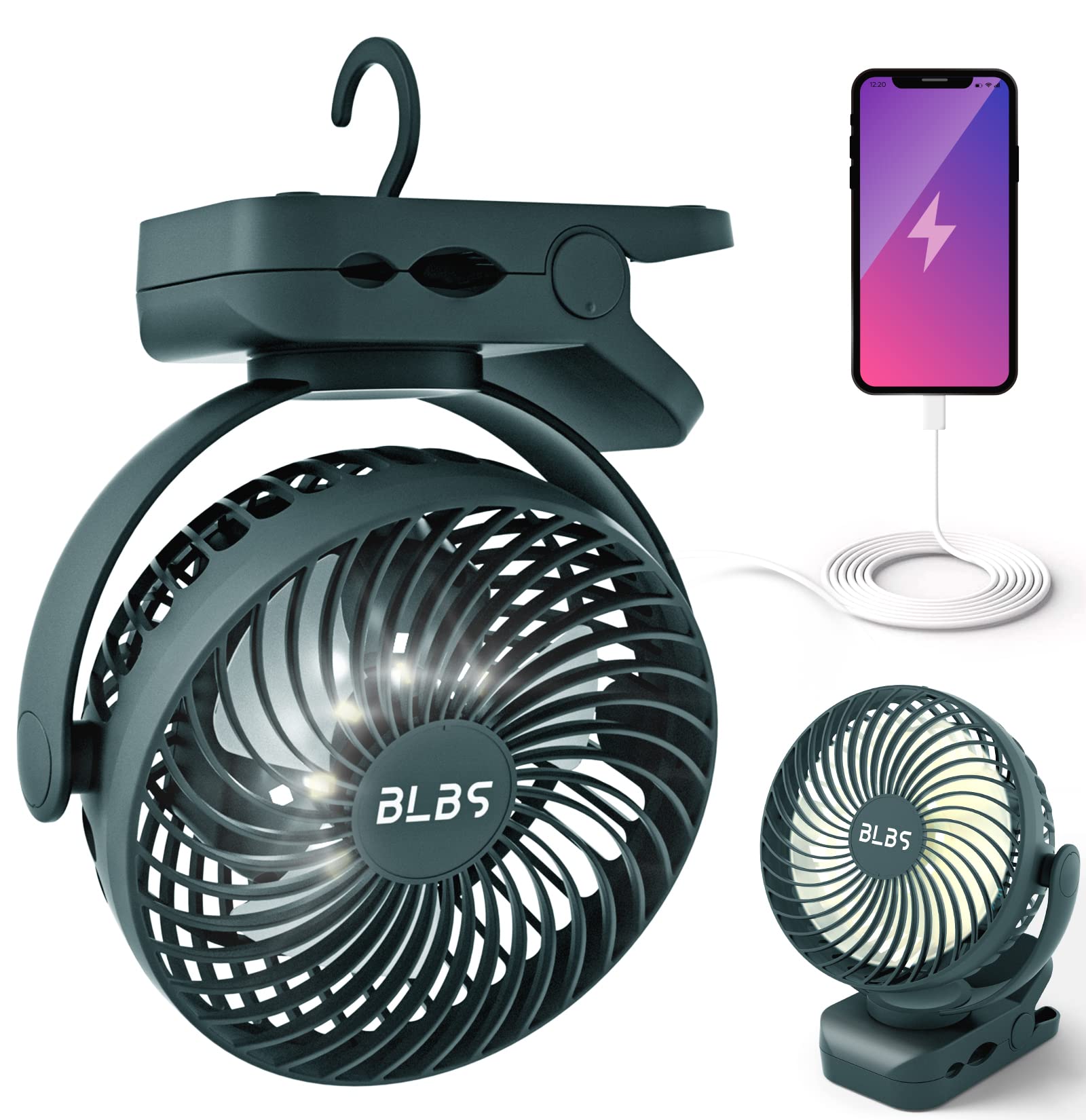 BLBS Rechargeable Camping Fan - 65H 12000mAh With Output Ports, Hanging Hook, 360 Head Rotation for Tents, Camp, Green