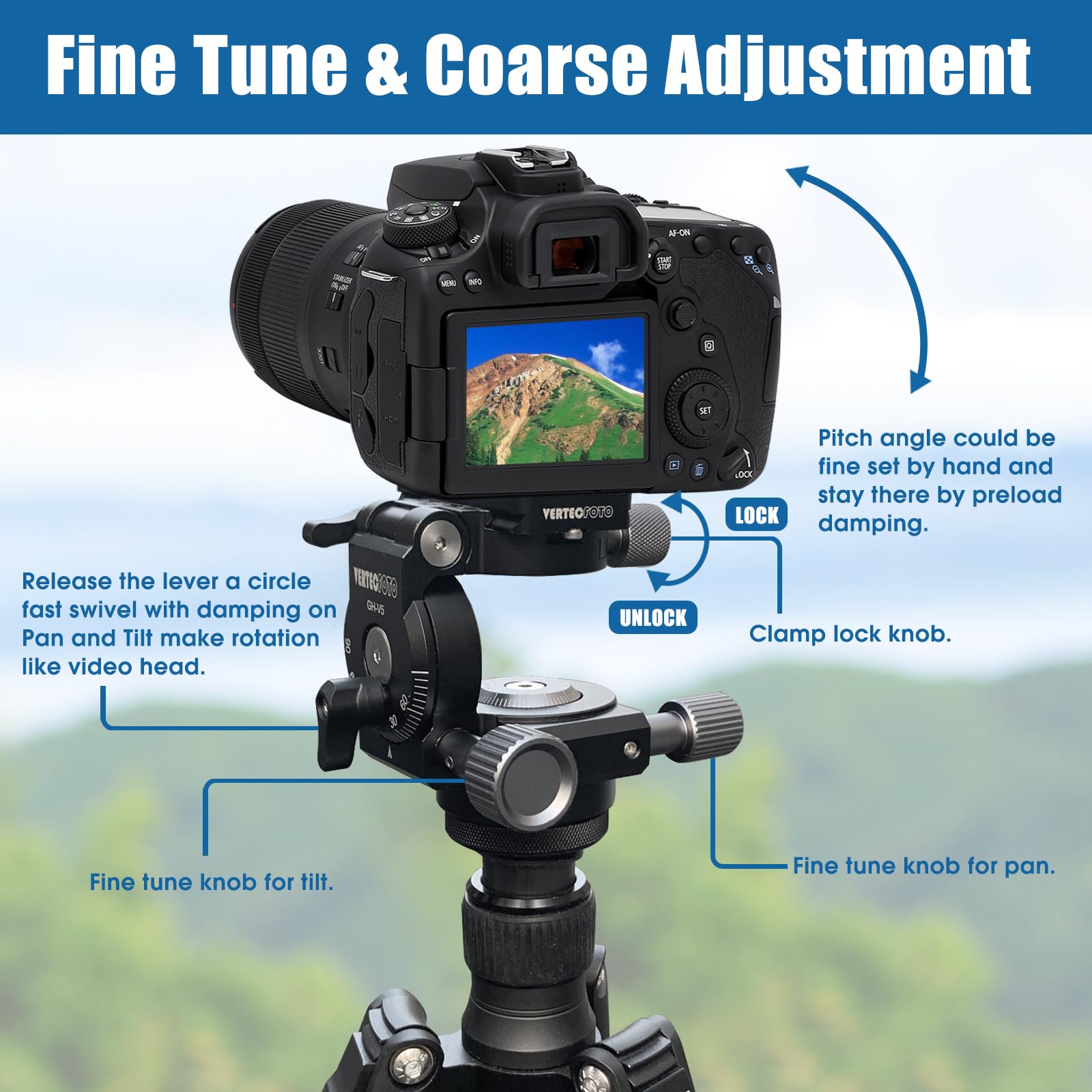 Vertecfoto Geared Tripod Head  Provide Smooth Fine Tune & Quick Coarse On Pan&Tilt, Wobble Free; Perfect Choice For A Camera & S