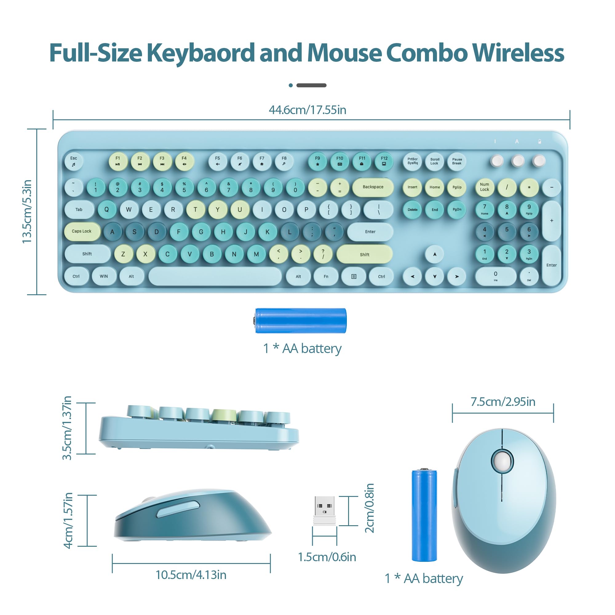 Fogruaden Blue Keyboard And Mouse Wireless, Retro Typewriter Keyboard, 2.4Ghz 104 Keys Full Size Cute Keyboard With Number Pad,