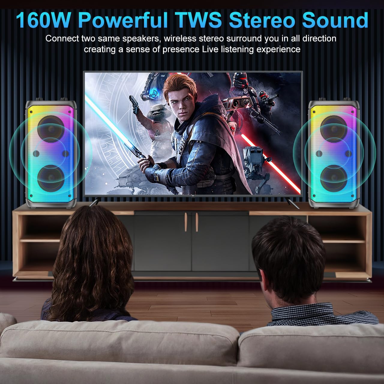 TAMPROAD Bluetooth Speaker 80W Wireless TWS with Subwoofer, LED Lights, Black, Model Q55-1MIC