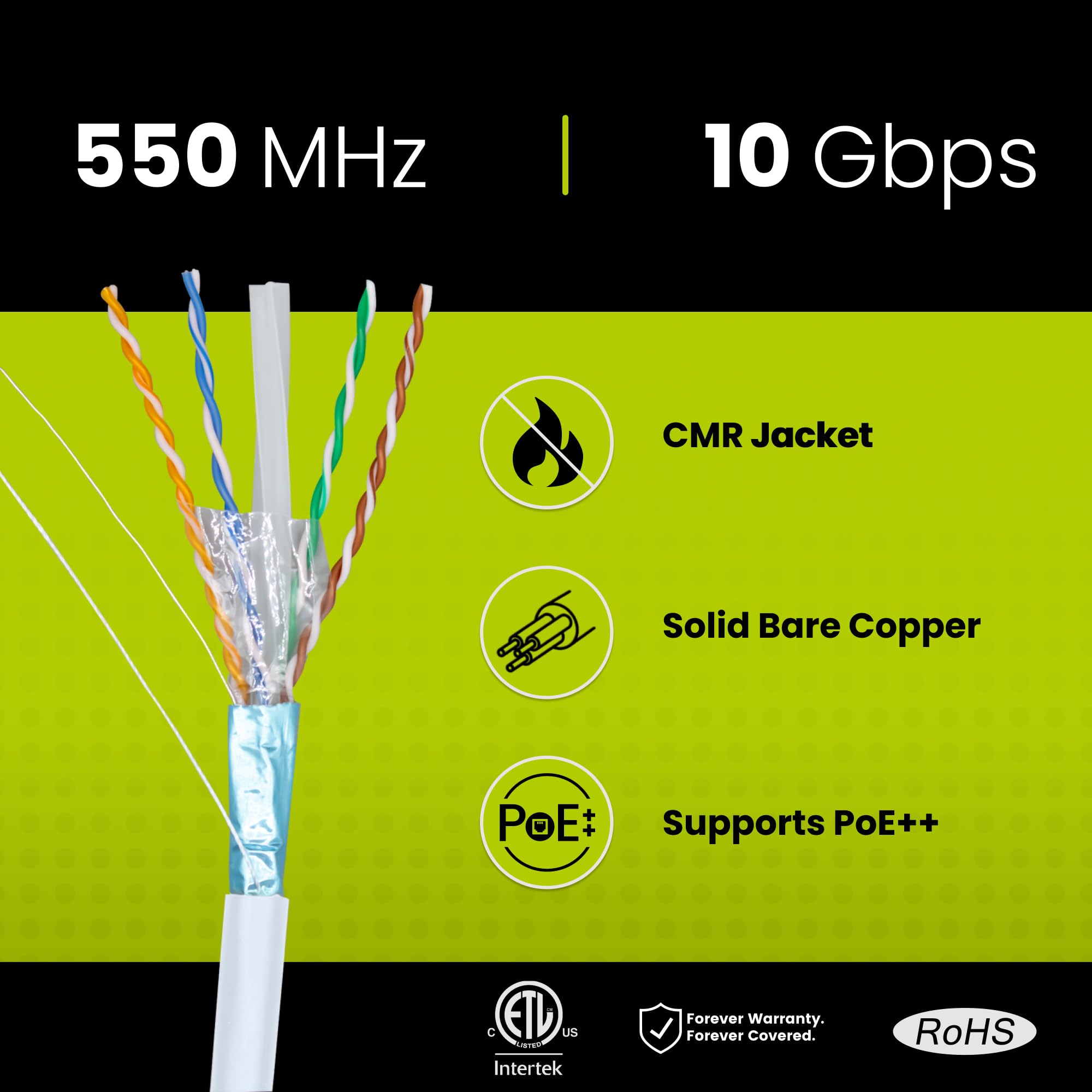 Truecable Cat6 Shielded Riser (Cmr), 500Ft, White, 23Awg Solid Bare Copper, 550Mhz, Poe++ (4Ppoe), Etl Listed, Overall Aluminum Foil Shield (F/Utp), Bulk Ethernet Cable