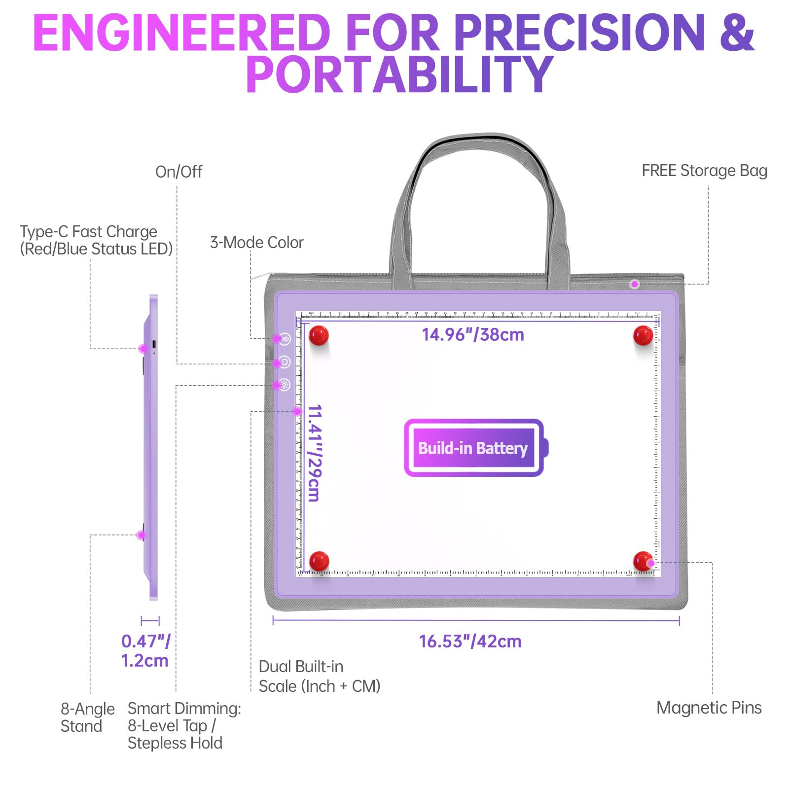 Zexalight A3 Rechargeable Light Box For Diamond Painting, 8 Adjustable Angles Led Light Pad With 3 Color Temp., 8 + Stepless Dim
