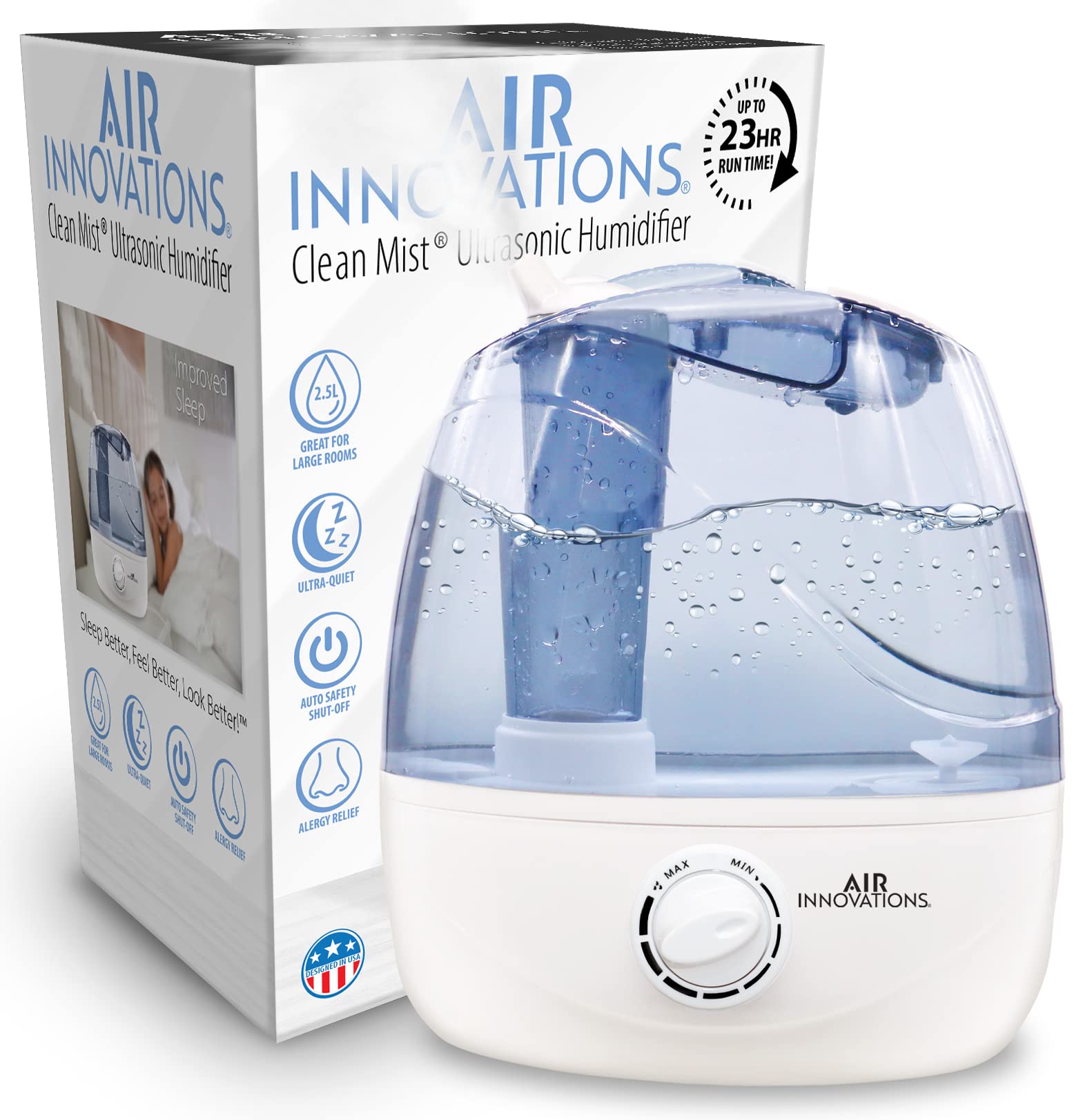 Air Innovations Ultrasonic Bedroom Humidifier Large 2.5L Tank Runs For 23Hs With One Tank Ultra Quiet Auto Power Off When Waterl